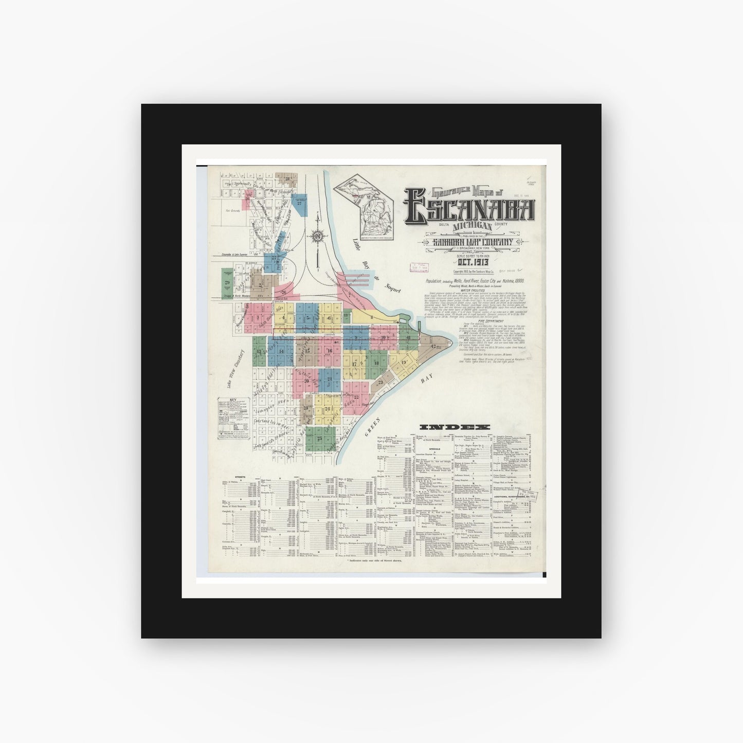 Old map wall art mockup — black gallery frame with white mat — Sanborn Fire Insurance Map from Escanaba, Delta County, Michigan (1913), Sheet #0001