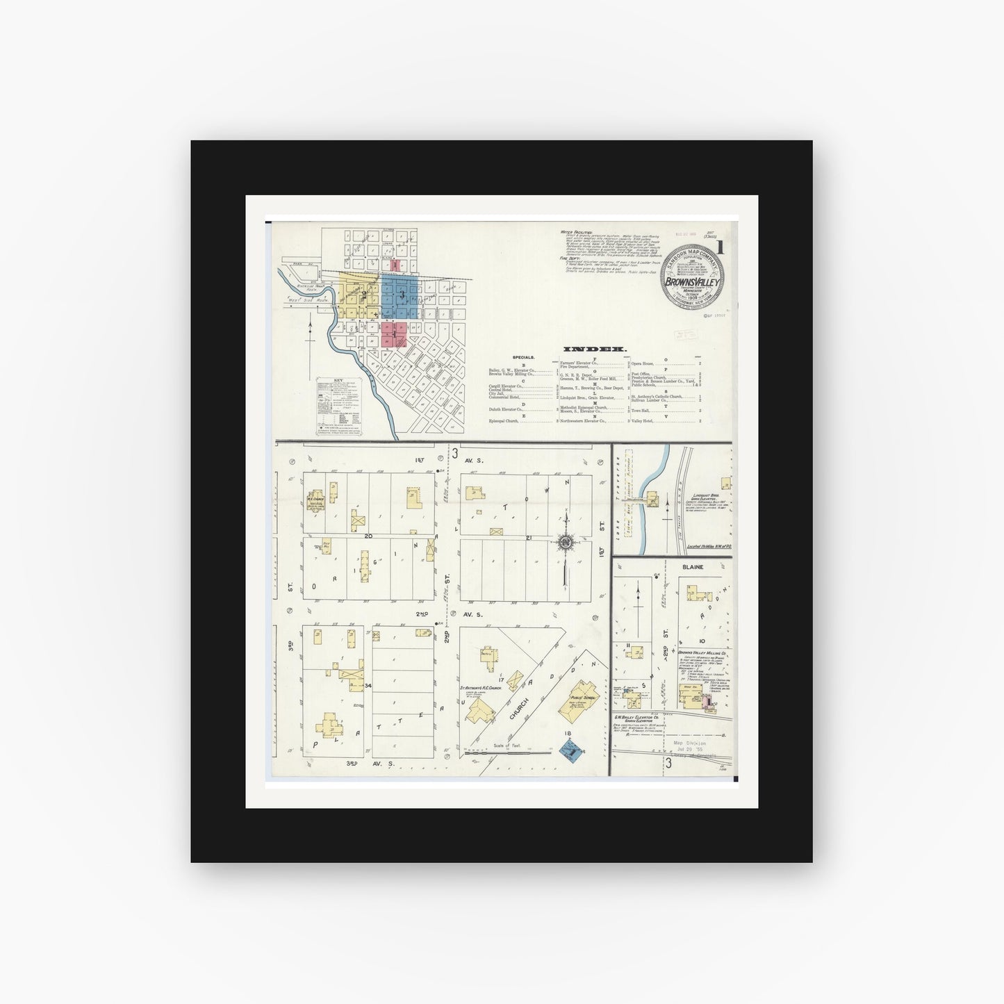Old map wall art mockup — black gallery frame with white mat — Sanborn Fire Insurance Map from Browns Valley, Traverse County, Minnesota (1909), Sheet #0001