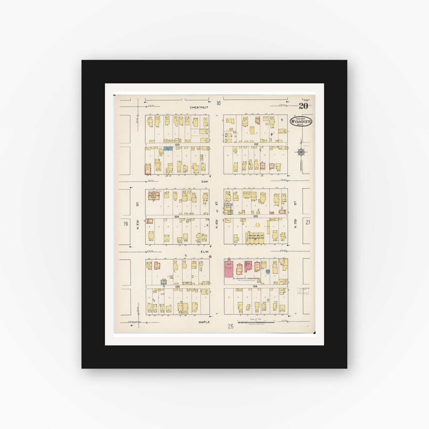 Old map wall art mockup — black gallery frame with white mat — Sanborn Fire Insurance Map from Wyandotte, Wayne County, Michigan (1922), Sheet #0020