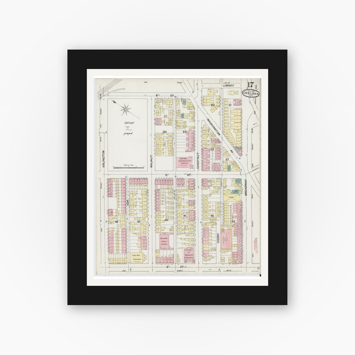 Old map wall art mockup — black gallery frame with white mat — Sanborn Fire Insurance Map from Chelsea, Suffolk County, Massachusetts (1889), Sheet #0017