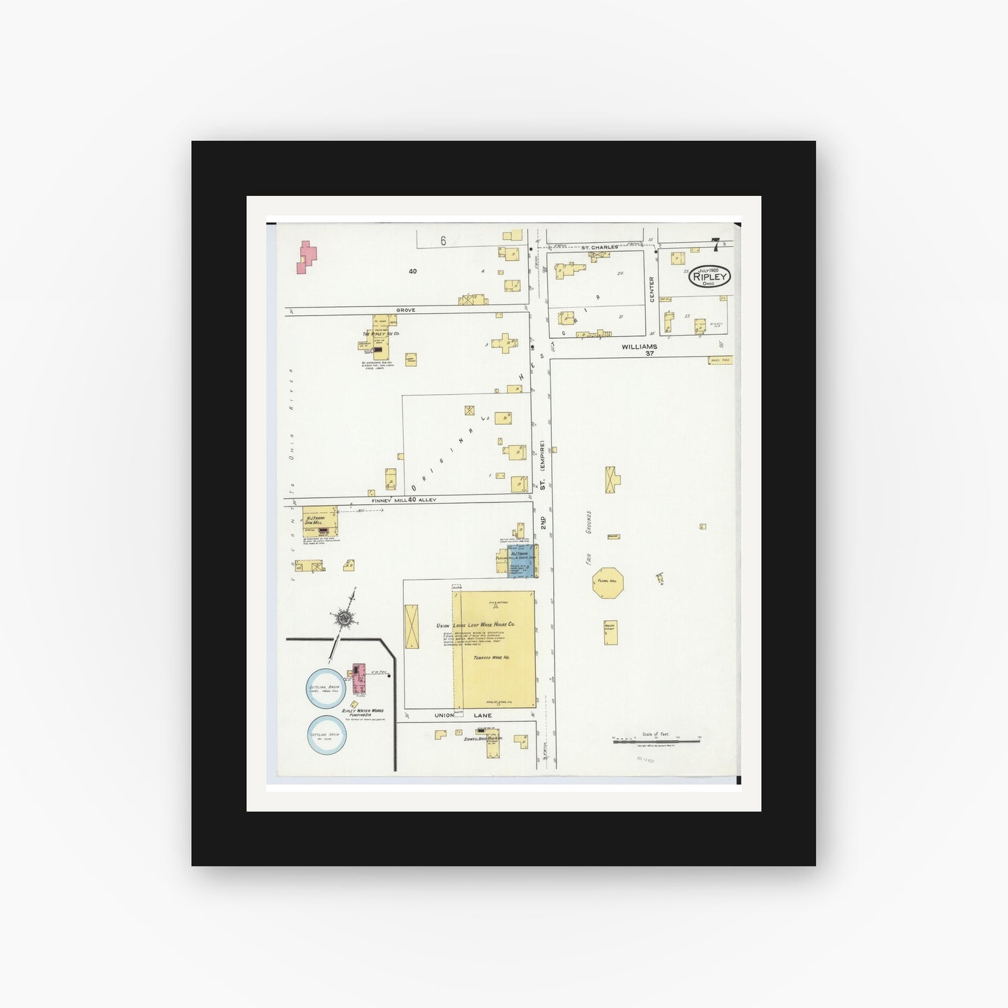 Old map wall art mockup — black gallery frame with white mat — Sanborn Fire Insurance Map from Ripley, Brown County, Ohio (1920), Sheet #0007