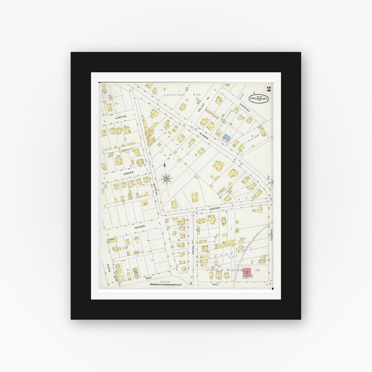 Old map wall art mockup — black gallery frame with white mat — Sanborn Fire Insurance Map from Poplar Bluff, Butler County, Missouri (1901), Sheet #0002