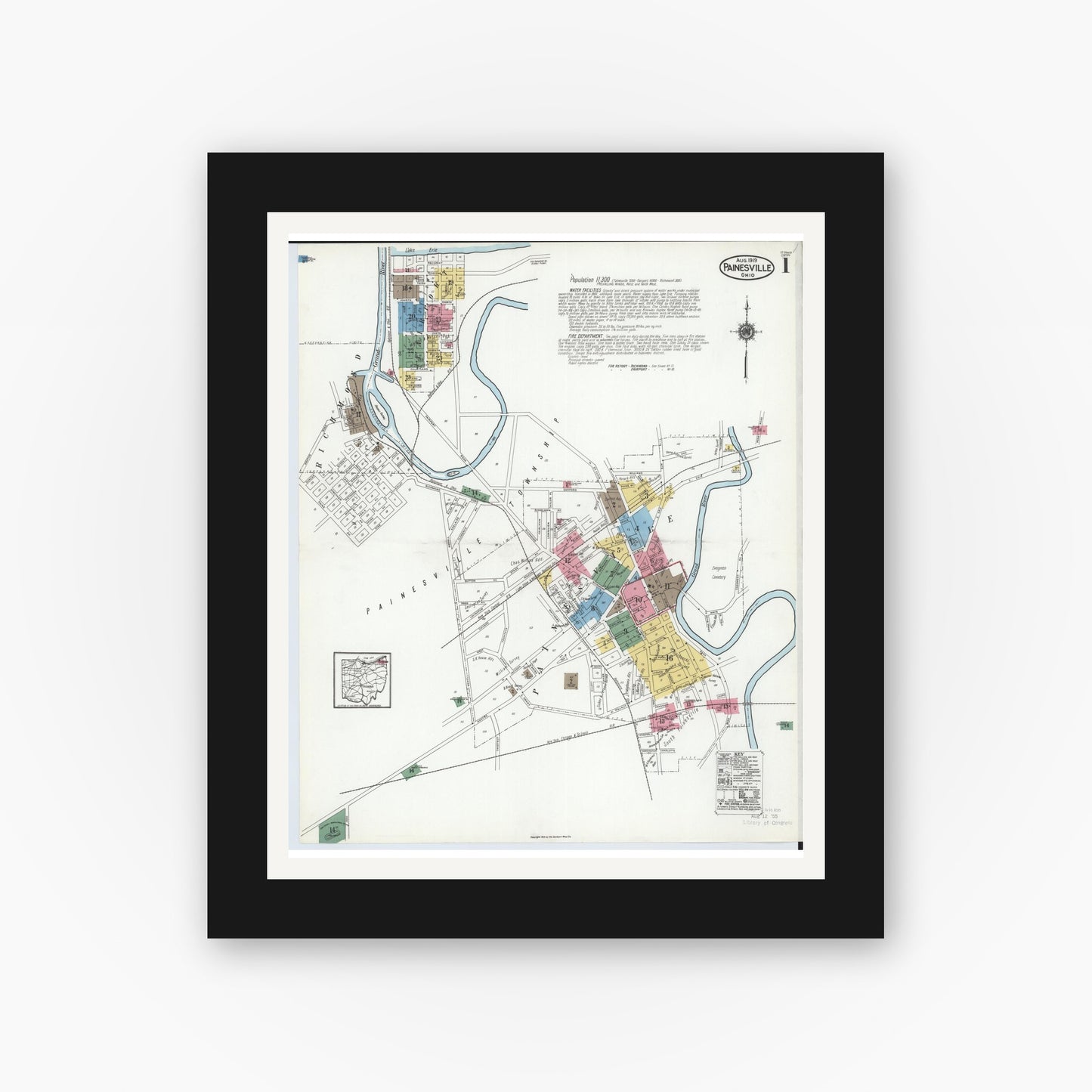 Old map wall art mockup — black gallery frame with white mat — Sanborn Fire Insurance Map from Painesville, Lake County, Ohio (1919) - Complete Map Set