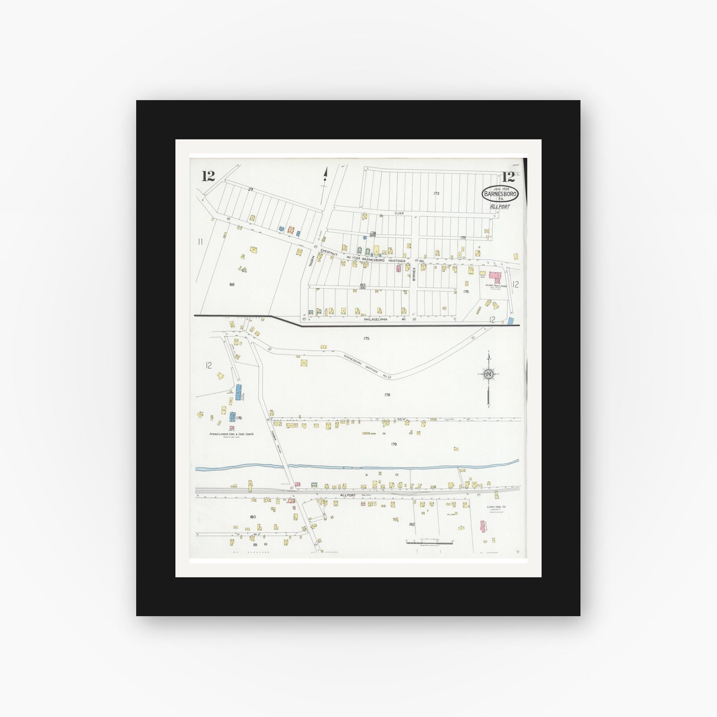 Old map wall art mockup — black gallery frame with white mat — Sanborn Fire Insurance Map from Barnesboro, Cambria County, Pennsylvania (1930), Sheet #0012