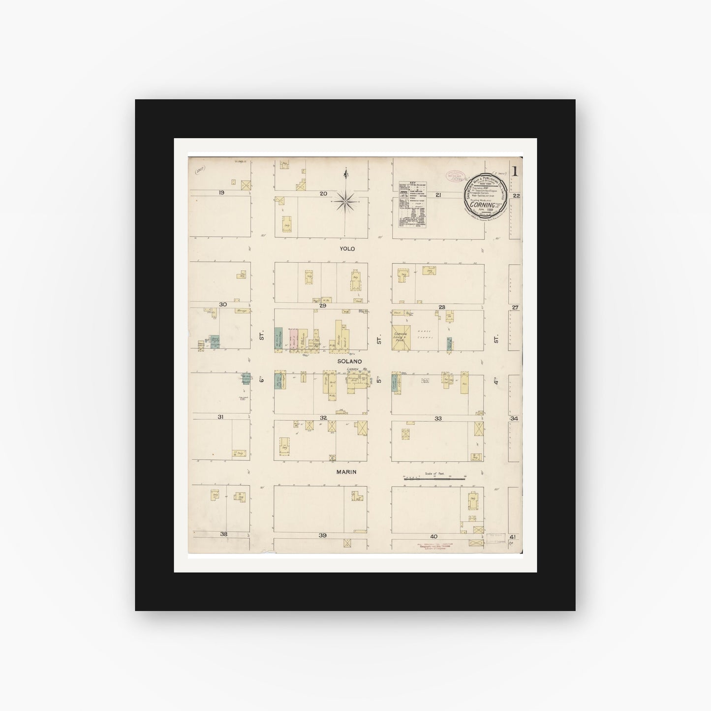 Old map wall art mockup — black gallery frame with white mat — Sanborn Fire Insurance Map from Corning, Tehama County, California (1889) - Complete Map Set