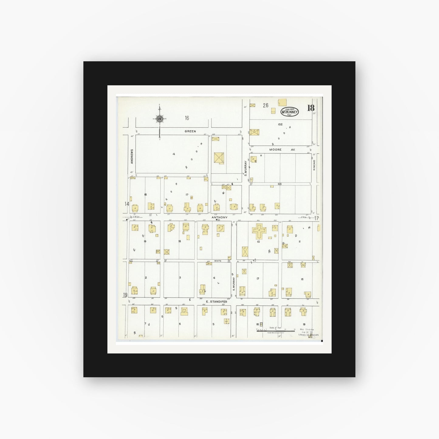 Old map wall art mockup — black gallery frame with white mat — Sanborn Fire Insurance Map from McKinney, Collin County, Texas (1920), Sheet #0018