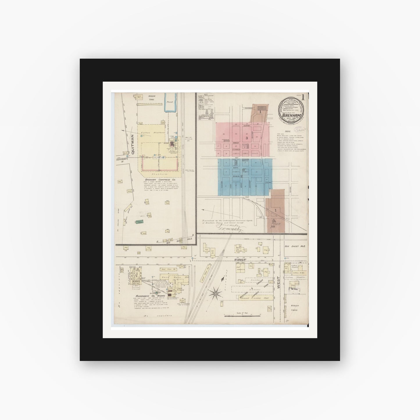 Old map wall art mockup — black gallery frame with white mat — Sanborn Fire Insurance Map from Brenham, Washington County, Texas (1885), Sheet #0001