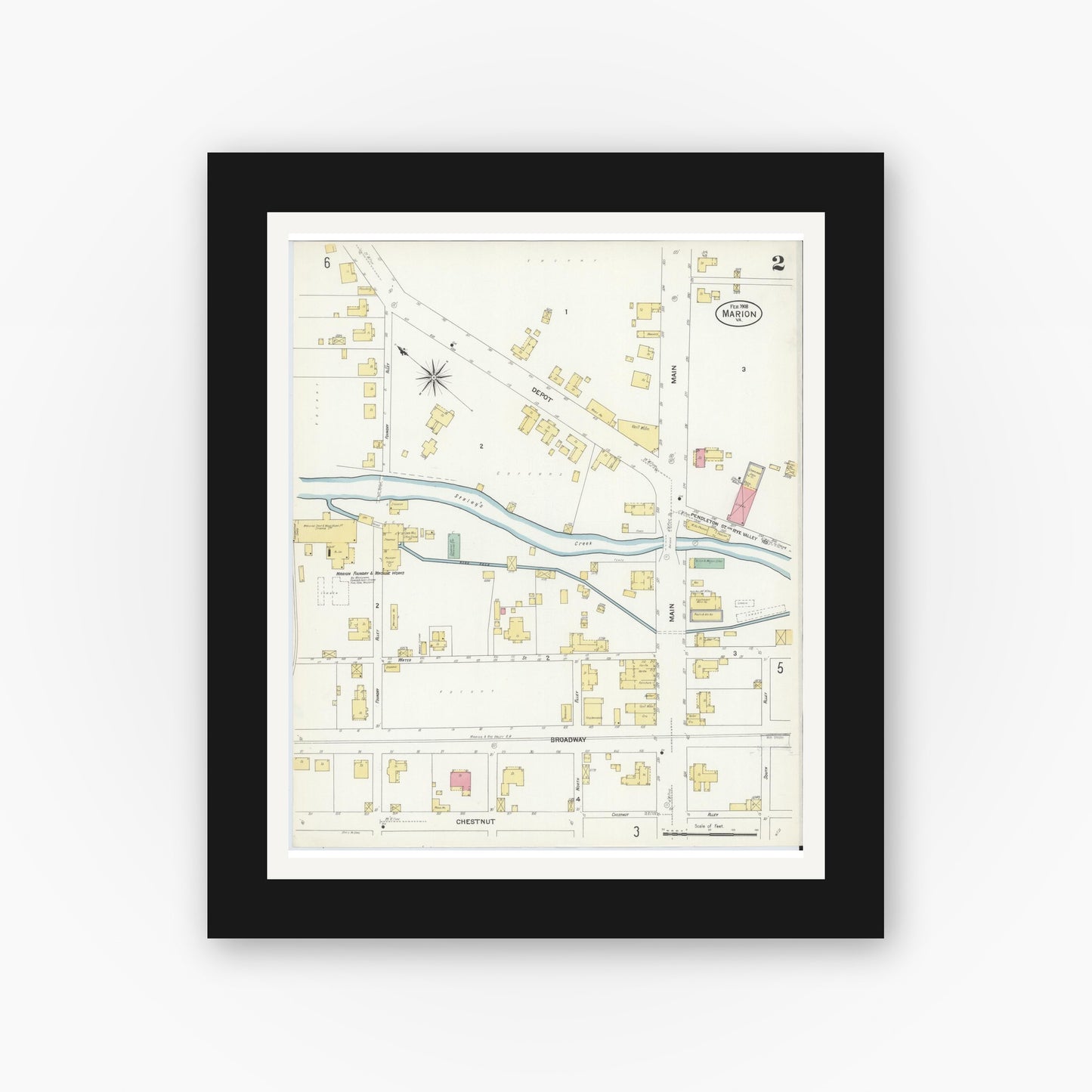 Old map wall art mockup — black gallery frame with white mat — Sanborn Fire Insurance Map from Marion, Smyth County, Virginia (1908), Sheet #0002