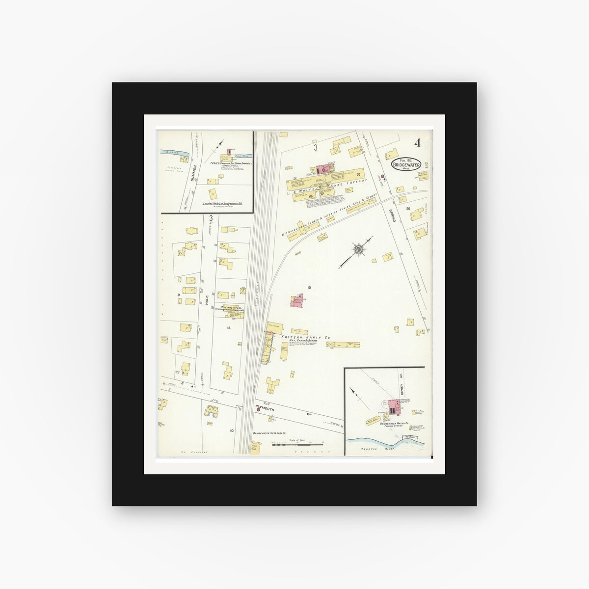 Old map wall art mockup — black gallery frame with white mat — Sanborn Fire Insurance Map from Bridgewater, Plymouth County, Massachusetts (1912), Sheet #0004