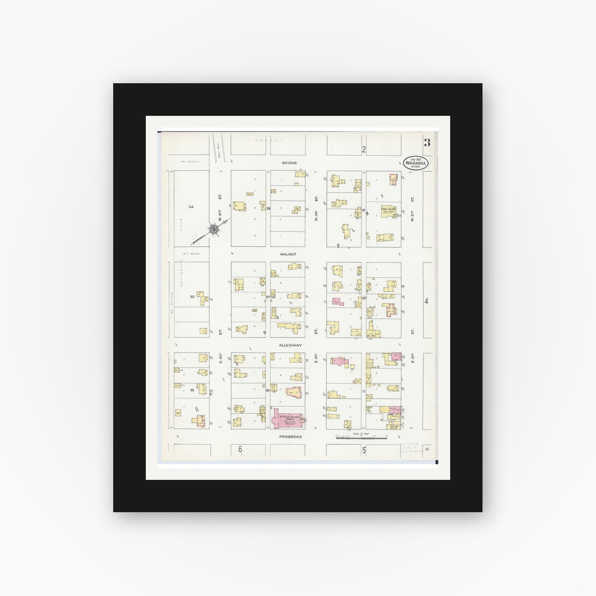 Old map wall art mockup — black gallery frame with white mat — Sanborn Fire Insurance Map from Wabasha, Wabasha County, Minnesota (1910), Sheet #0003