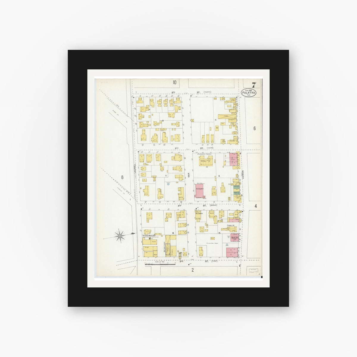 Old map wall art mockup — black gallery frame with white mat — Sanborn Fire Insurance Map from Palatka, Putnam County, Florida (1903), Sheet #0007