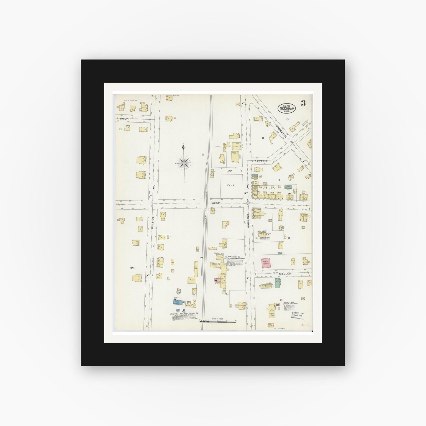 Old map wall art mockup — black gallery frame with white mat — Sanborn Fire Insurance Map from Needham, Norfolk County, Massachusetts (1906), Sheet #0003
