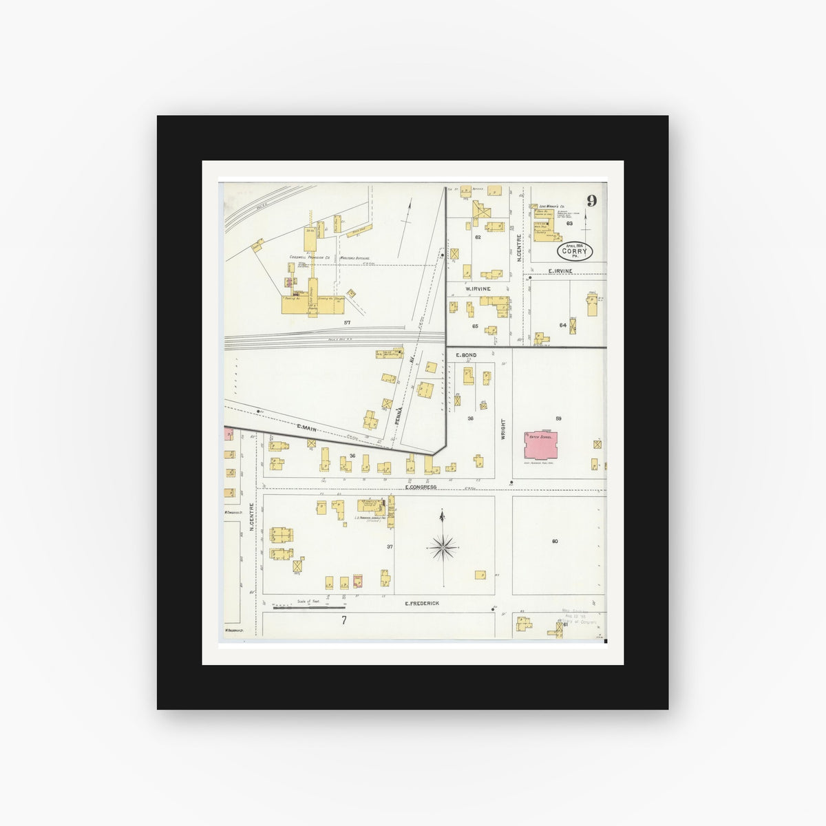 Old map wall art mockup — black gallery frame with white mat — Sanborn Fire Insurance Map from Corry, Erie County, Pennsylvania (1904), Sheet #0009