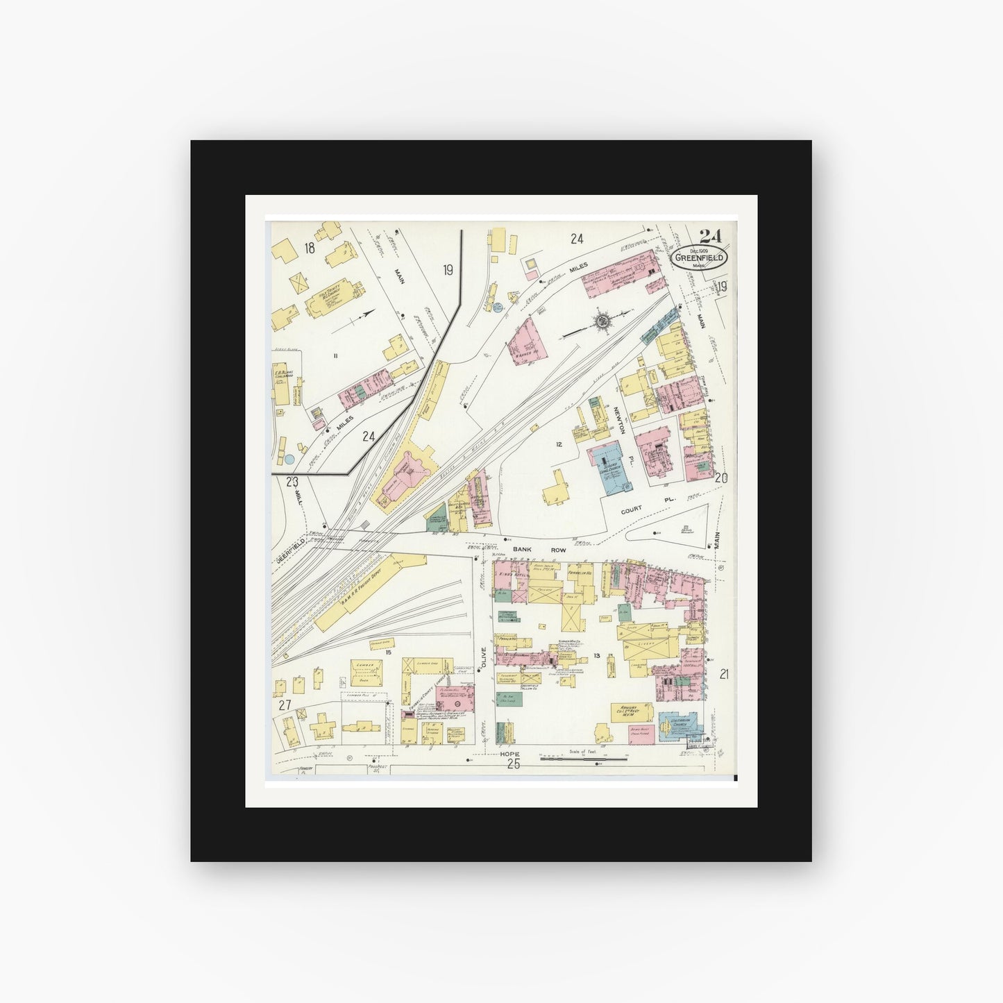 Old map wall art mockup — black gallery frame with white mat — Sanborn Fire Insurance Map from Greenfield, Franklin County, Massachusetts (1909), Sheet #0024