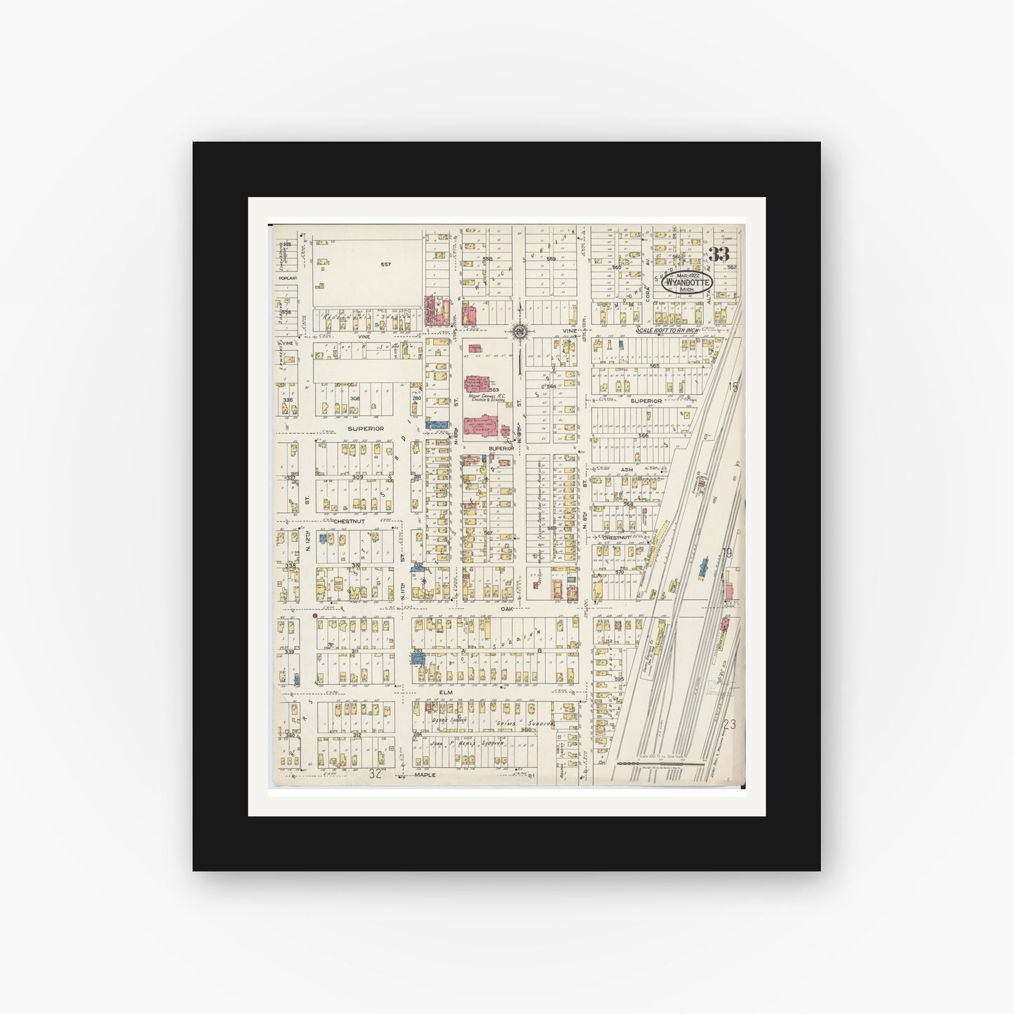 Old map wall art mockup — black gallery frame with white mat — Sanborn Fire Insurance Map from Wyandotte, Wayne County, Michigan (1922), Sheet #0033
