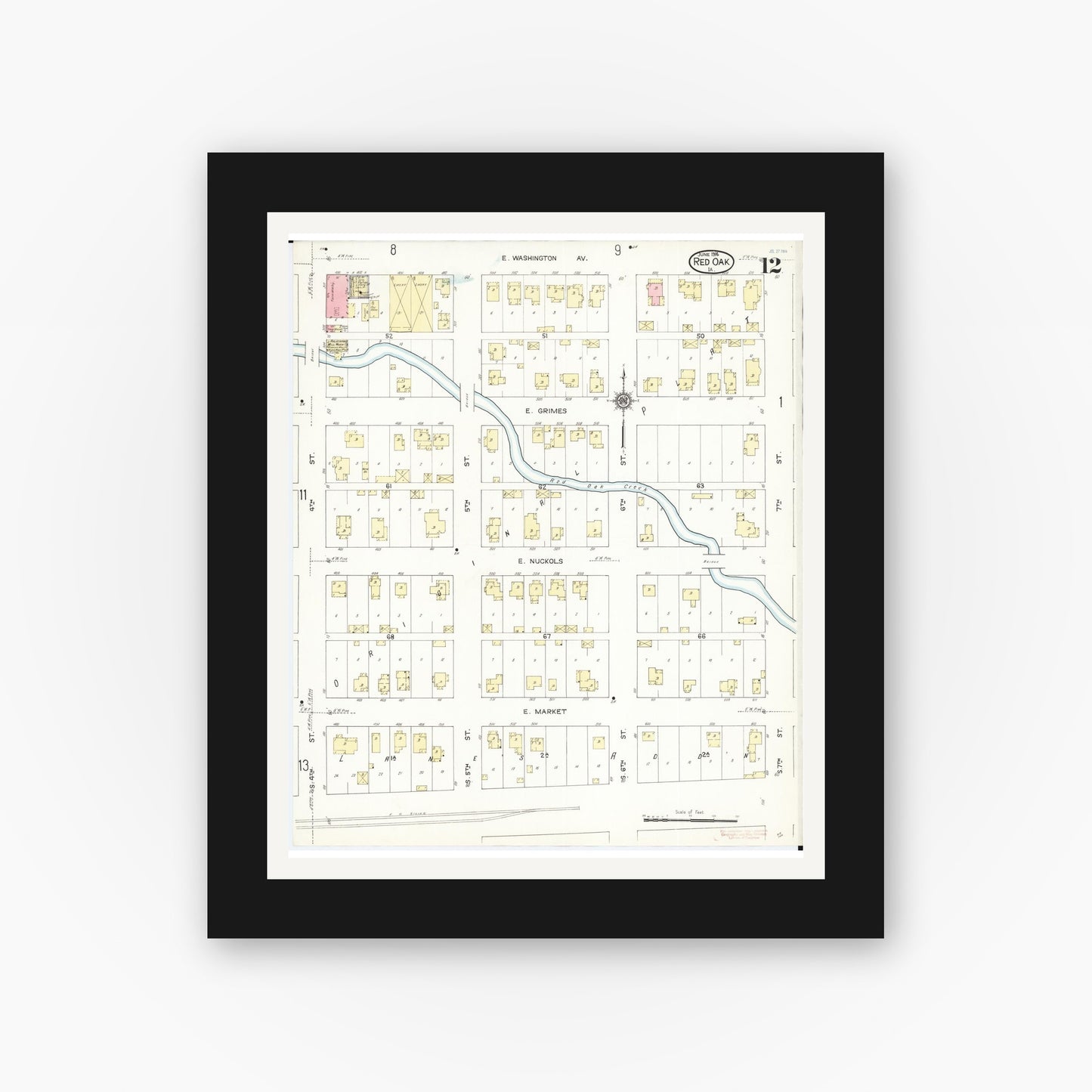 Old map wall art mockup — black gallery frame with white mat — Sanborn Fire Insurance Map from Red Oak, Montgomery County, Iowa (1914), Sheet #0012