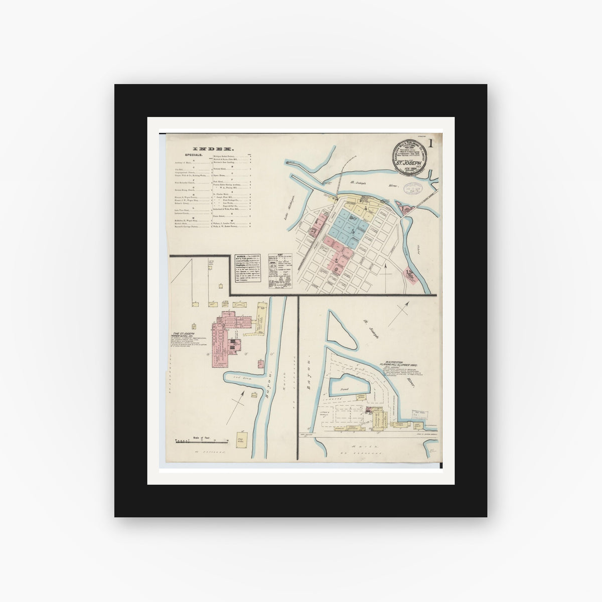 Old map wall art mockup — black gallery frame with white mat — Sanborn Fire Insurance Map from Saint Joseph, Berrien County, Michigan (1884), Sheet #0001