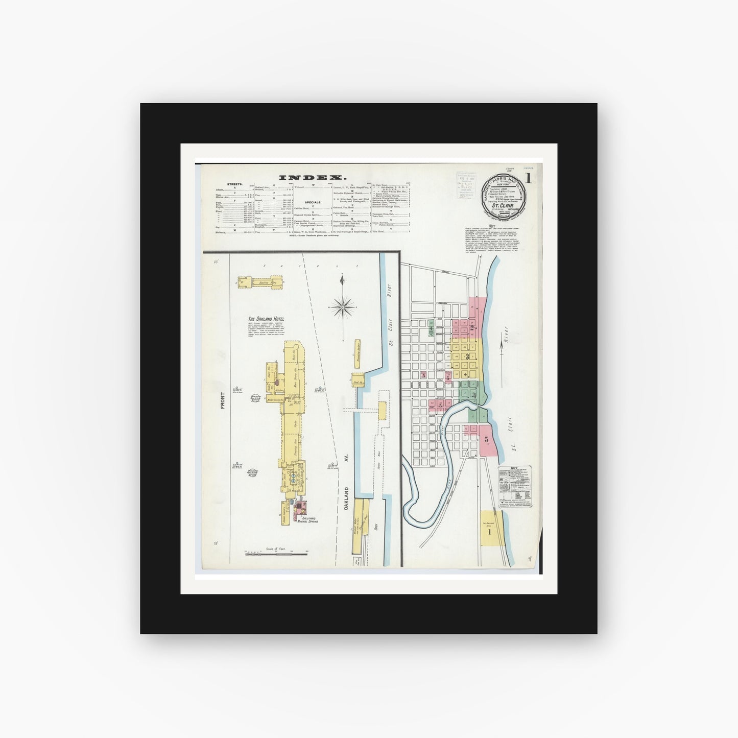 Old map wall art mockup — black gallery frame with white mat — Sanborn Fire Insurance Map from Saint Clair, Saint Clair County, Michigan (1900) - Complete Map Set