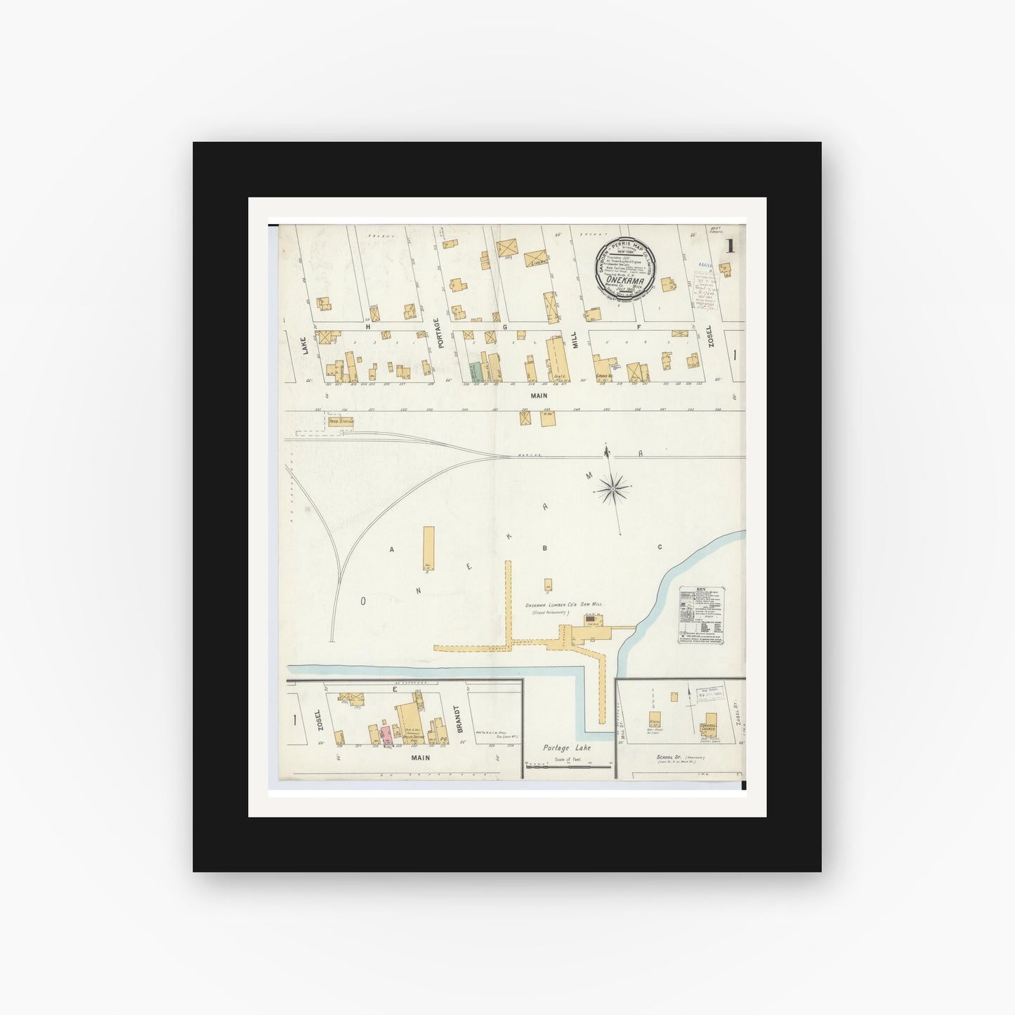 Old map wall art mockup — black gallery frame with white mat — Sanborn Fire Insurance Map from Onekama, Manistee County, Michigan (1900) - Complete Map Set