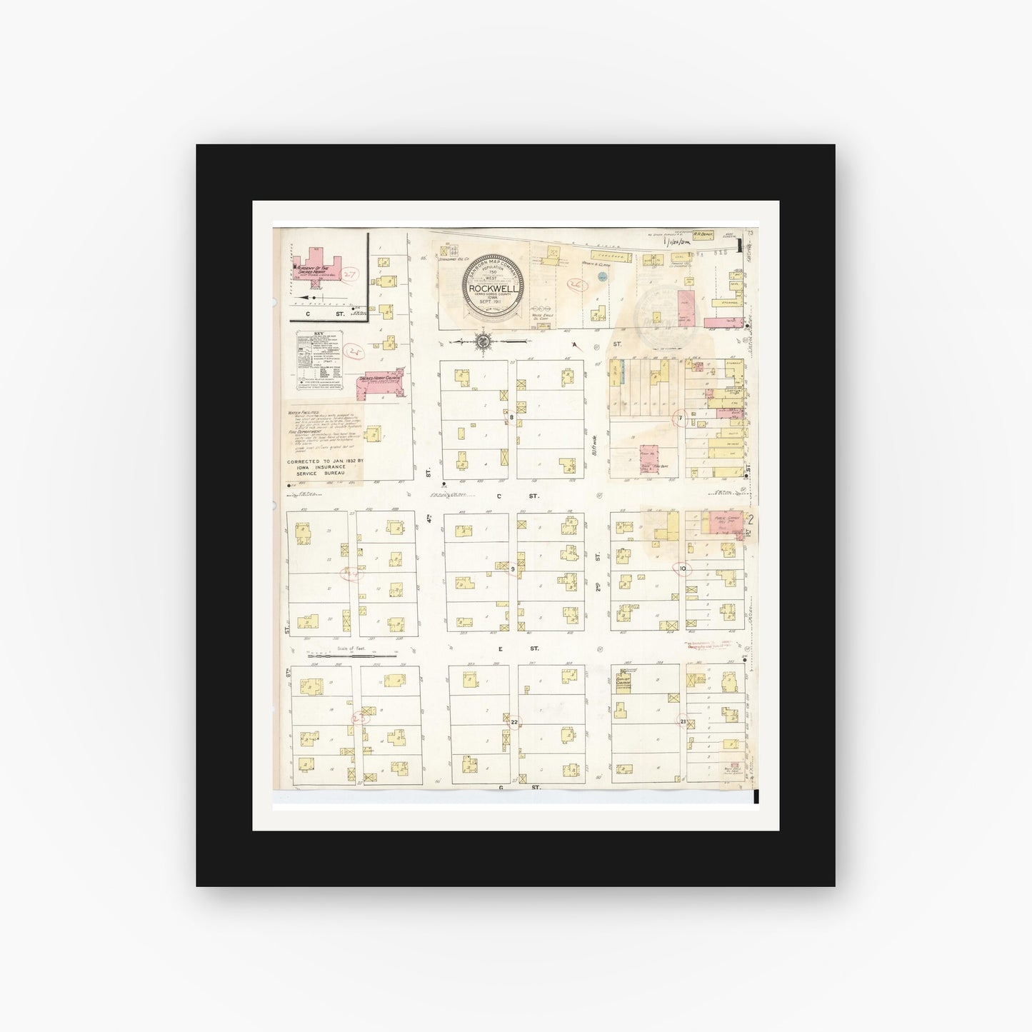 Old map wall art mockup β black gallery frame with white mat β Sanborn Fire Insurance Map from Rockwell, Cerro Gordo County, Iowa (1932), Sheet #0001