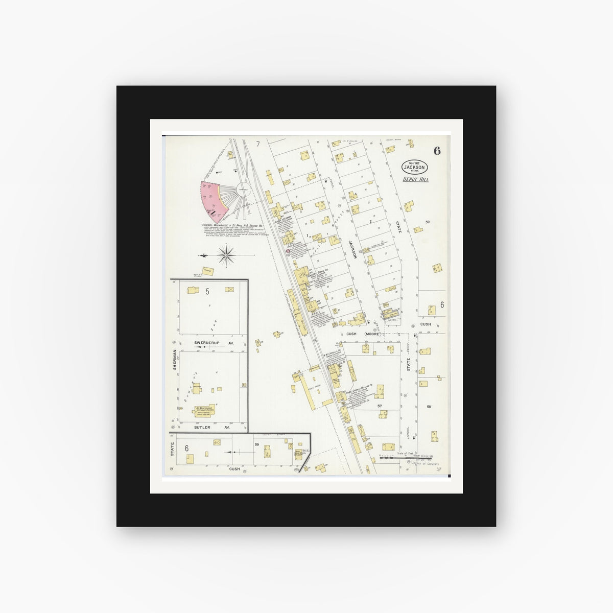 Old map wall art mockup — black gallery frame with white mat — Sanborn Fire Insurance Map from Jackson, Jackson County, Minnesota (1907), Sheet #0006