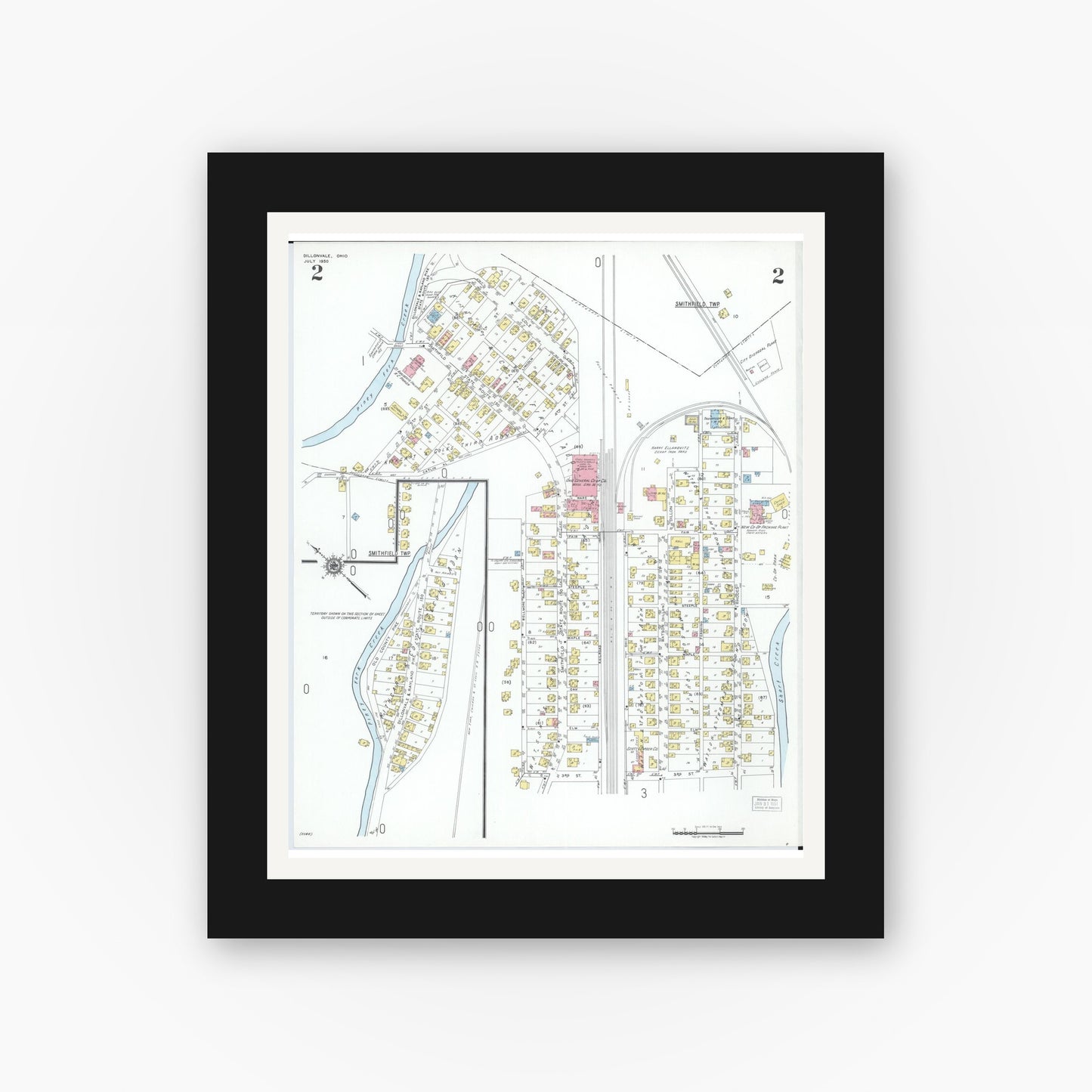 Old map wall art mockup — black gallery frame with white mat — Sanborn Fire Insurance Map from Dillonvale, Jefferson County, Ohio (1950), Sheet #0002