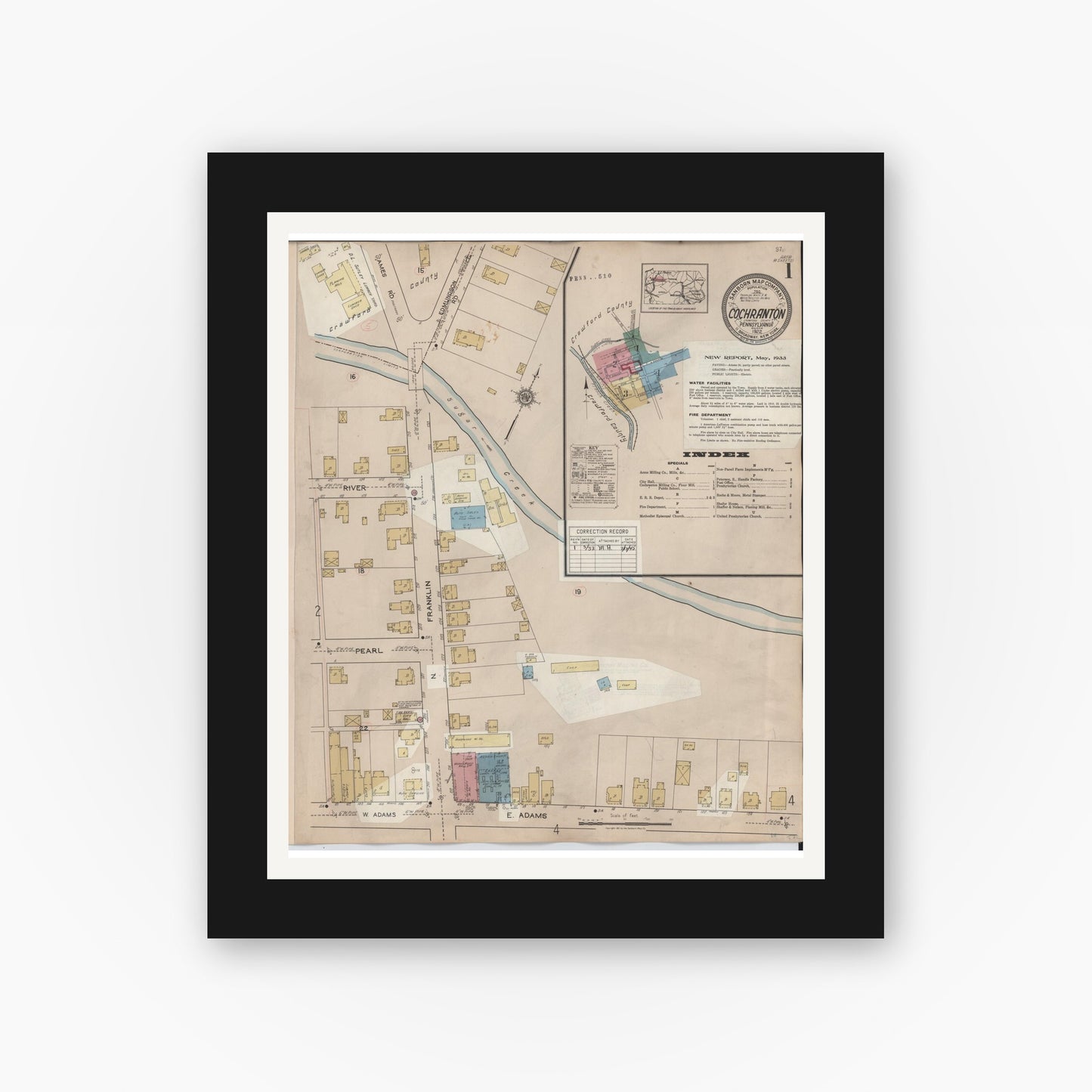 Old map wall art mockup — black gallery frame with white mat — Sanborn Fire Insurance Map from Cochranton, Crawford County, Pennsylvania (1933), Sheet #0001