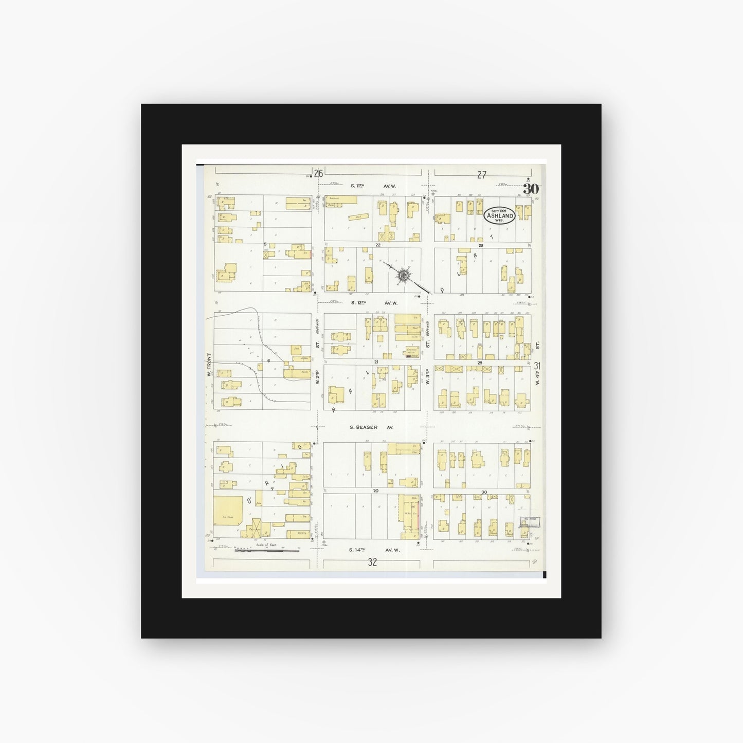 Old map wall art mockup — black gallery frame with white mat — Sanborn Fire Insurance Map from Ashland, Ashland County, Wisconsin (1909), Sheet #0030