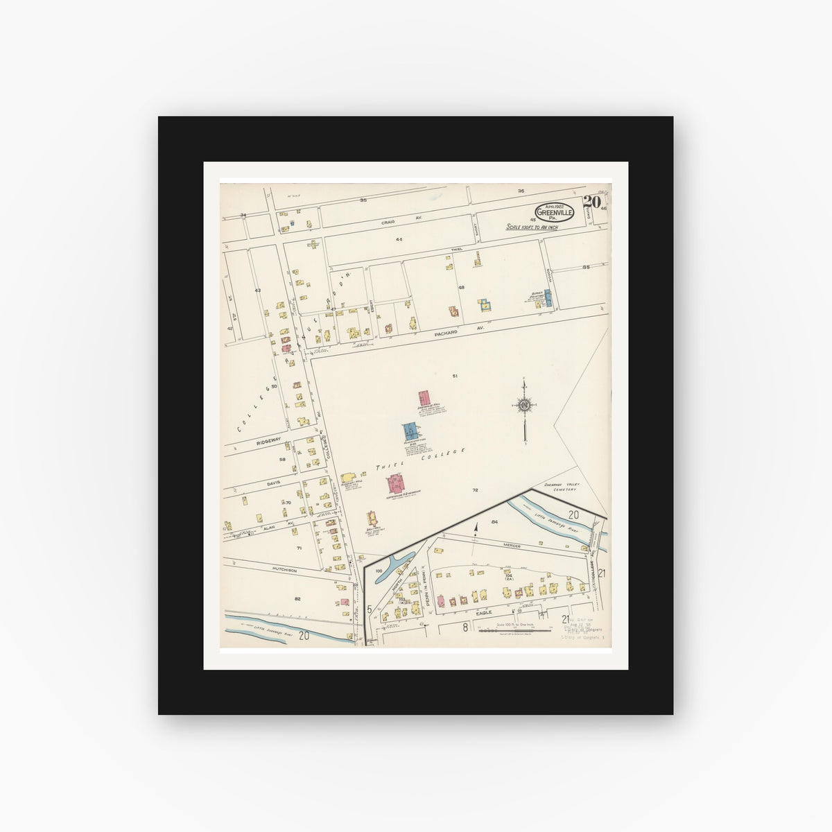 Old map wall art mockup — black gallery frame with white mat — Sanborn Fire Insurance Map from Greenville, Mercer County, Pennsylvania (1922), Sheet #0020