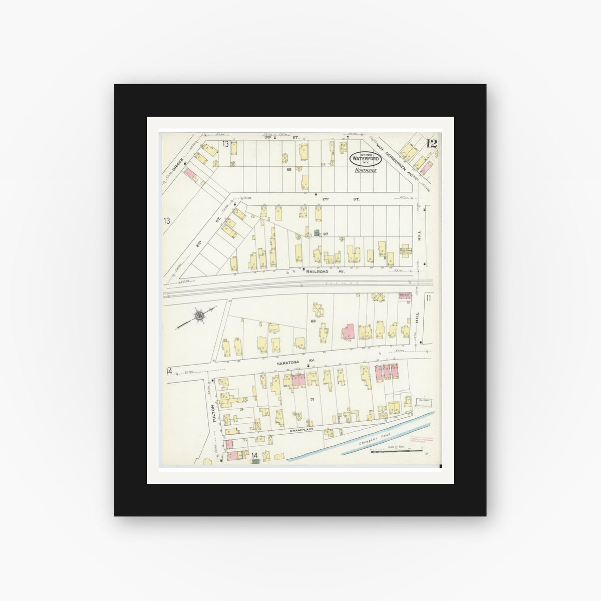 Old map wall art mockup — black gallery frame with white mat — Sanborn Fire Insurance Map from Waterford, Saratoga County, New York (1909), Sheet #0012