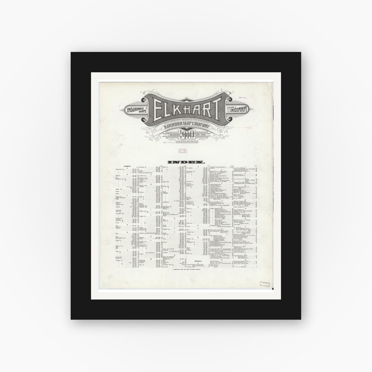Old map wall art mockup — black gallery frame with white mat — Sanborn Fire Insurance Map from Elkhart, Elkhart County, Indiana (1910), Sheet #0001