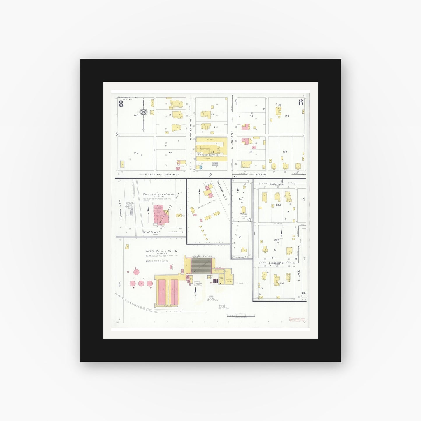 Old map wall art mockup — black gallery frame with white mat — Sanborn Fire Insurance Map from Harrisonville, Cass County, Missouri (1931), Sheet #0008
