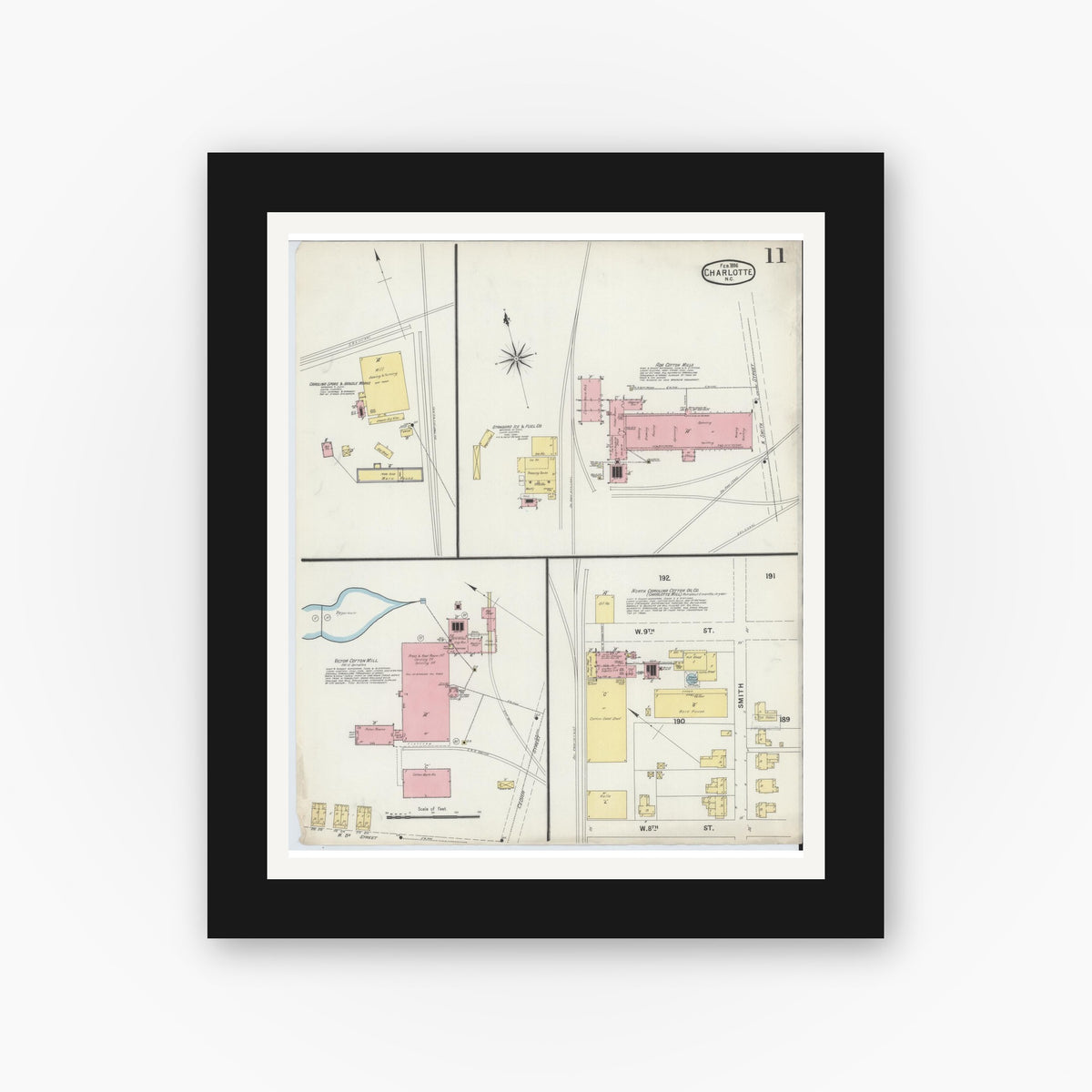 Old map wall art mockup — black gallery frame with white mat — Sanborn Fire Insurance Map from Charlotte, Mecklenburg County, North Carolina (1896), Sheet #0011