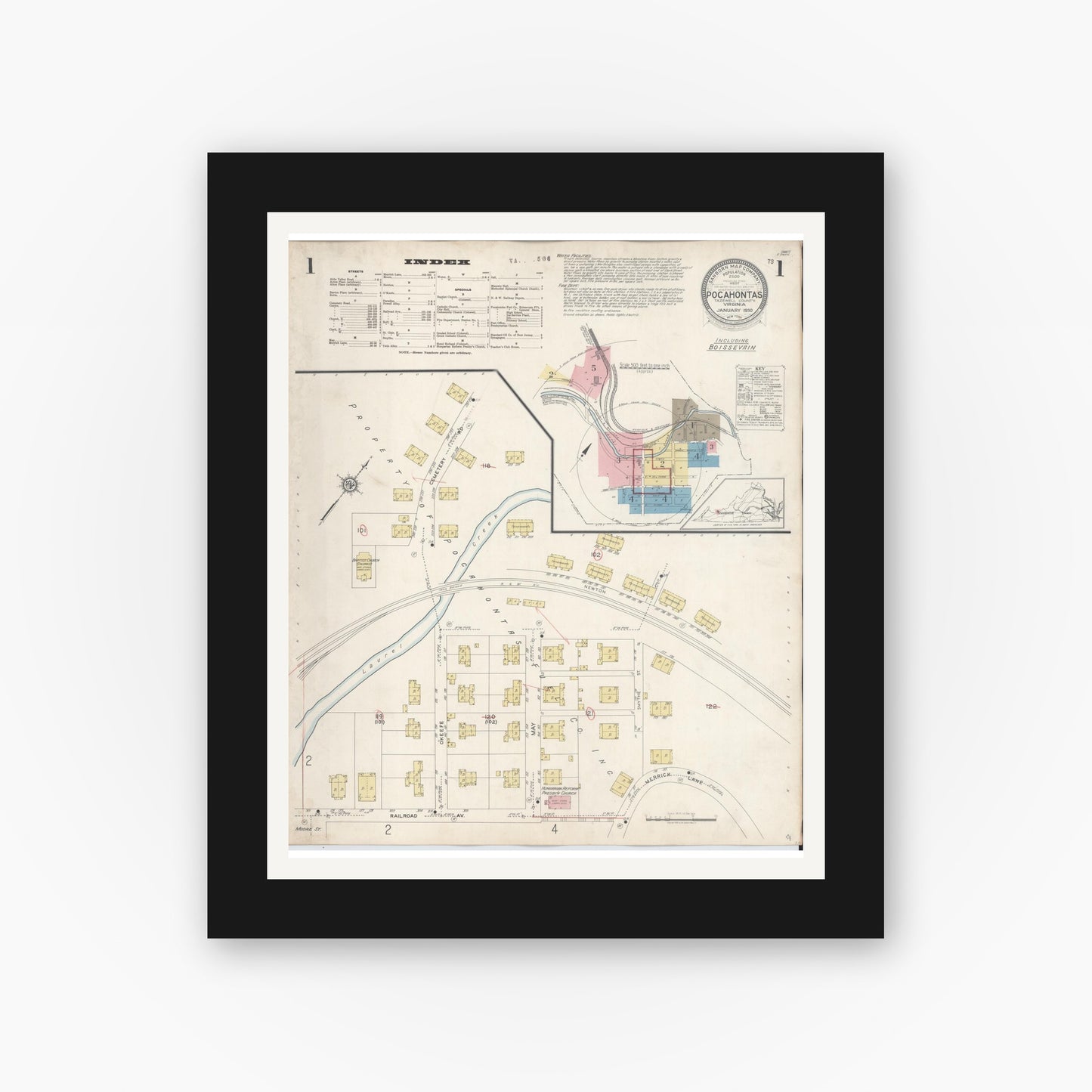Old map wall art mockup — black gallery frame with white mat — Sanborn Fire Insurance Map from Pocahontas, Tazewell County, Virginia (1930) - Complete Map Set