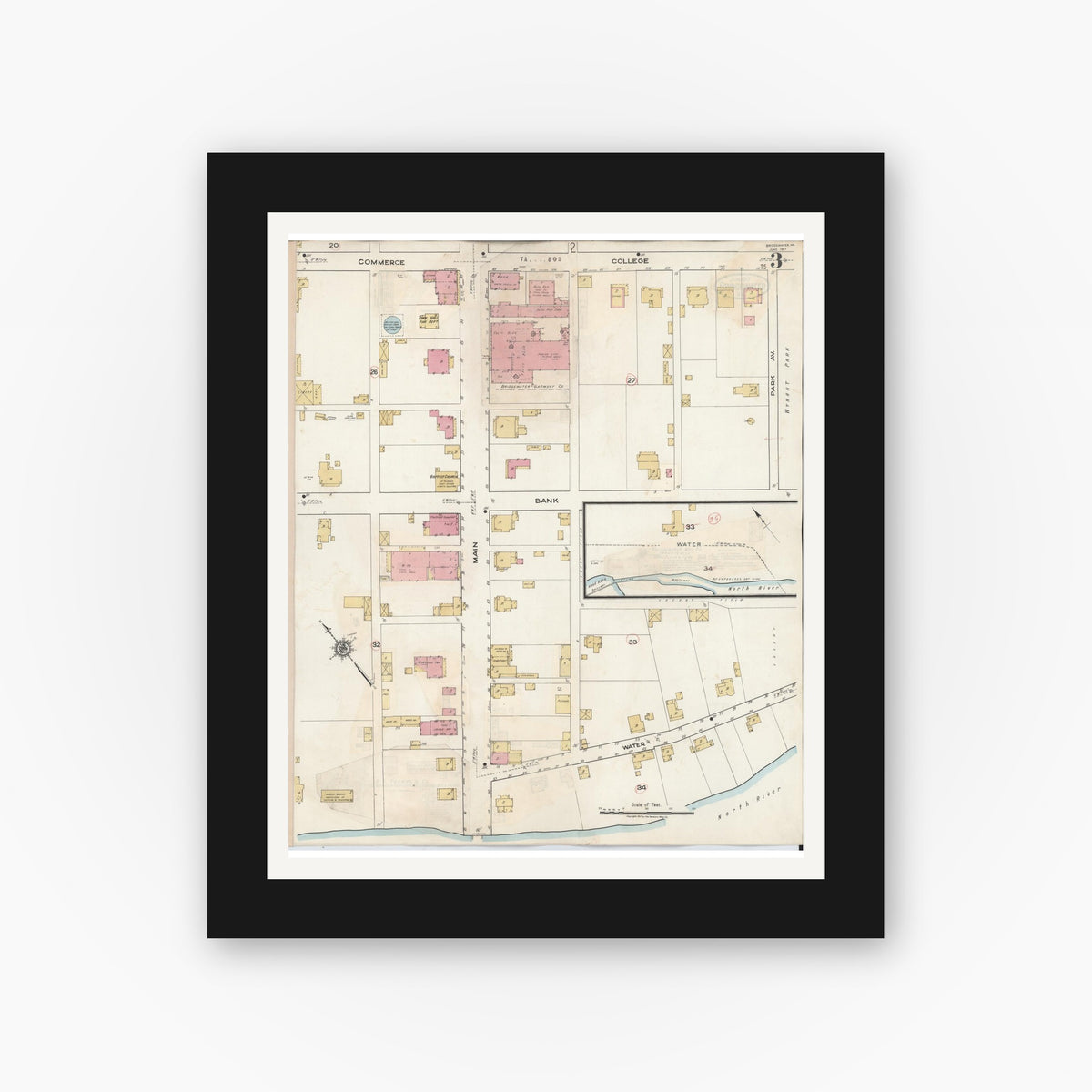 Old map wall art mockup — black gallery frame with white mat — Sanborn Fire Insurance Map from Bridgewater, Rockingham County, Virginia (1917), Sheet #0003