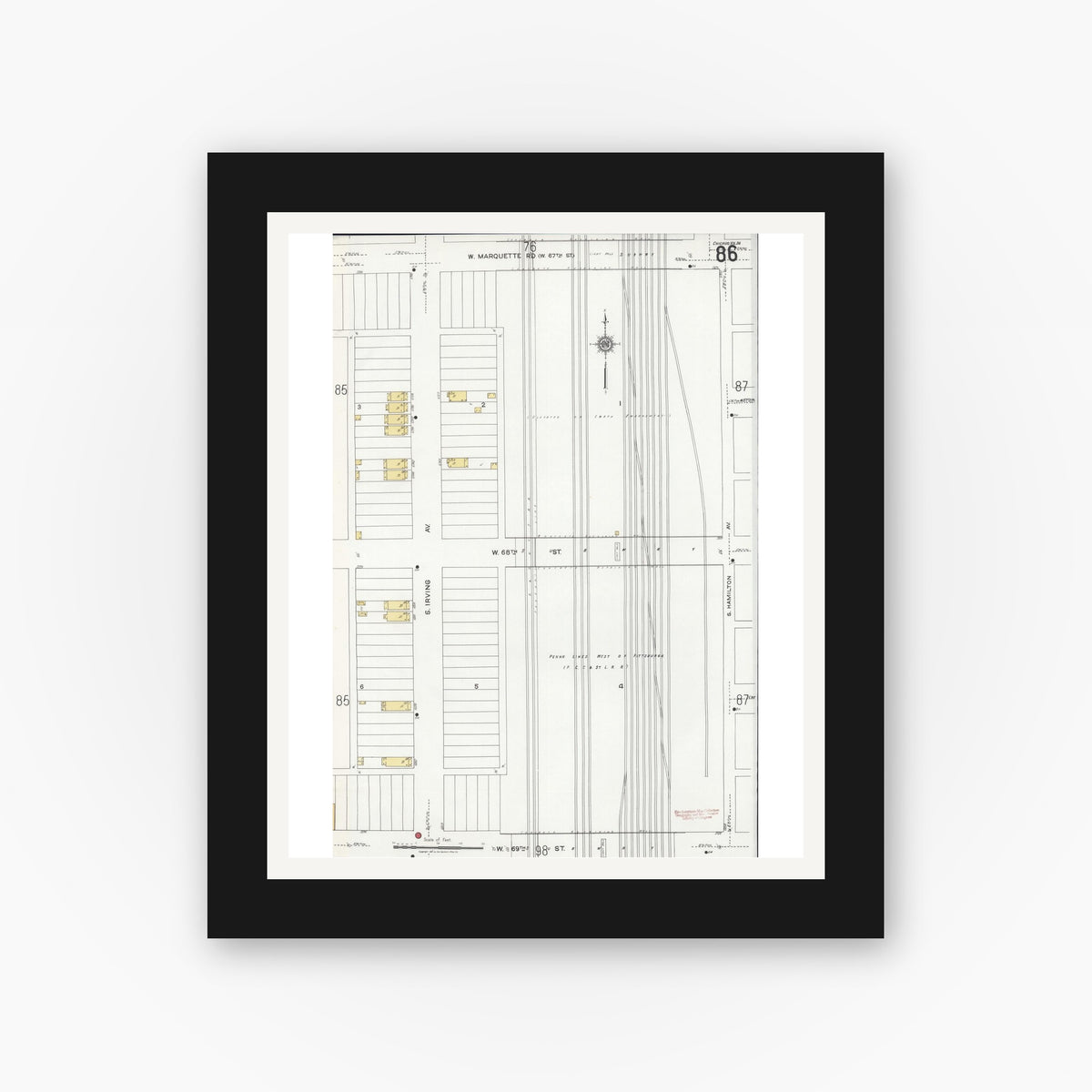 Old map wall art mockup — black gallery frame with white mat — Sanborn Fire Insurance Map from Chicago, Cook County, Illinois (1920), Sheet #0086