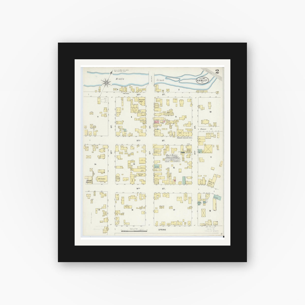 Old map wall art mockup — black gallery frame with white mat — Sanborn Fire Insurance Map from Hawley, Wayne County, Pennsylvania (1897), Sheet #0002