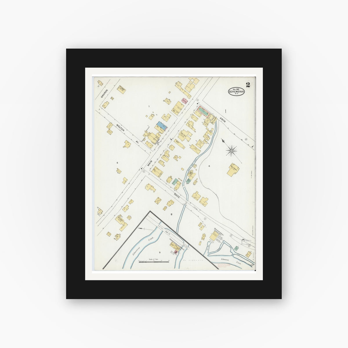 Old map wall art mockup — black gallery frame with white mat — Sanborn Fire Insurance Map from Schenevus, Otsego County, New York (1905), Sheet #0002
