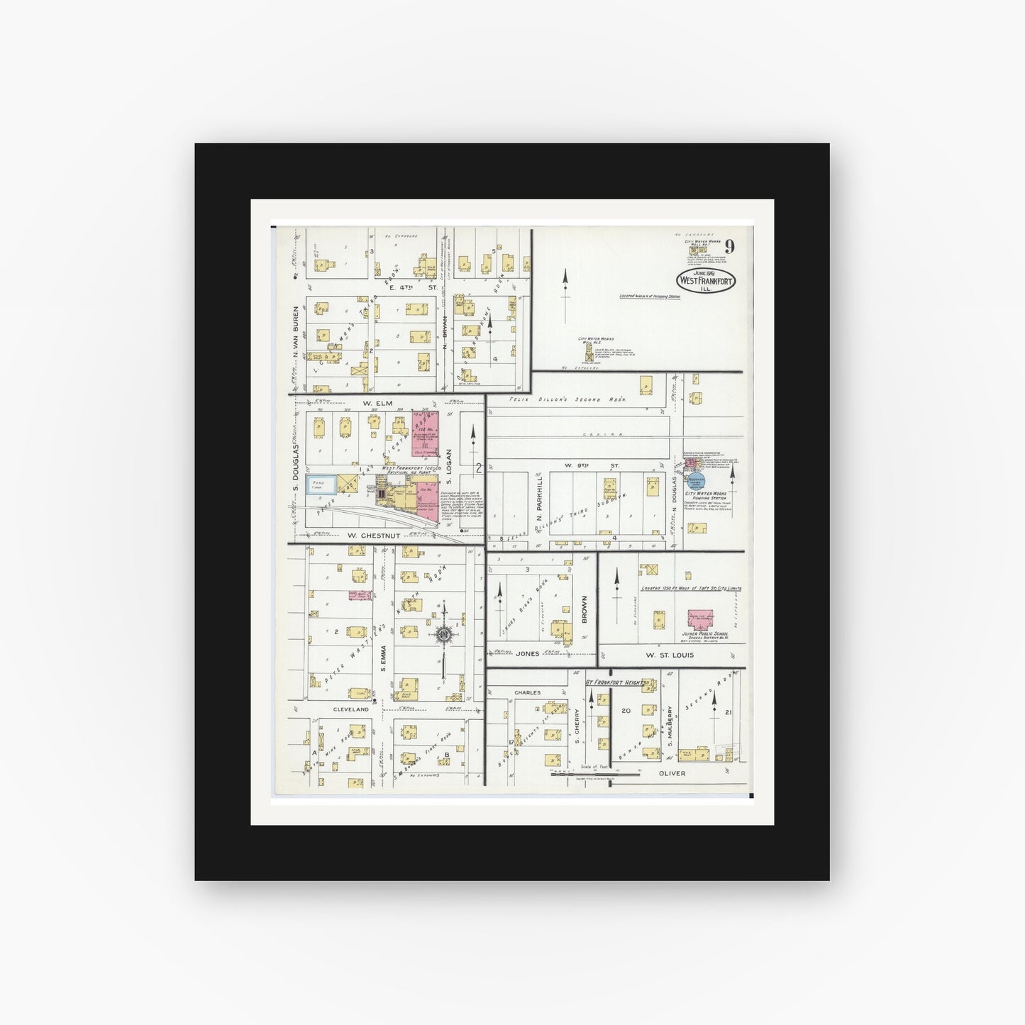 Old map wall art mockup — black gallery frame with white mat — Sanborn Fire Insurance Map from West Frankfort, Franklin County, Illinois (1919), Sheet #0009