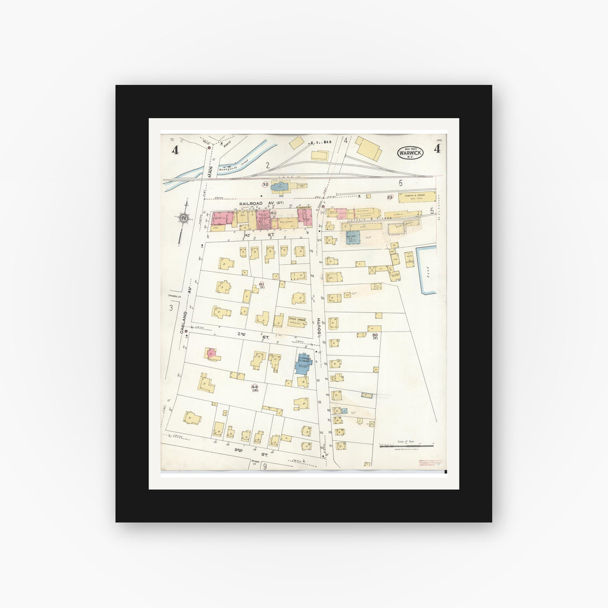 Old map wall art mockup — black gallery frame with white mat — Sanborn Fire Insurance Map from Warwick, Orange County, New York (1940), Sheet #0004
