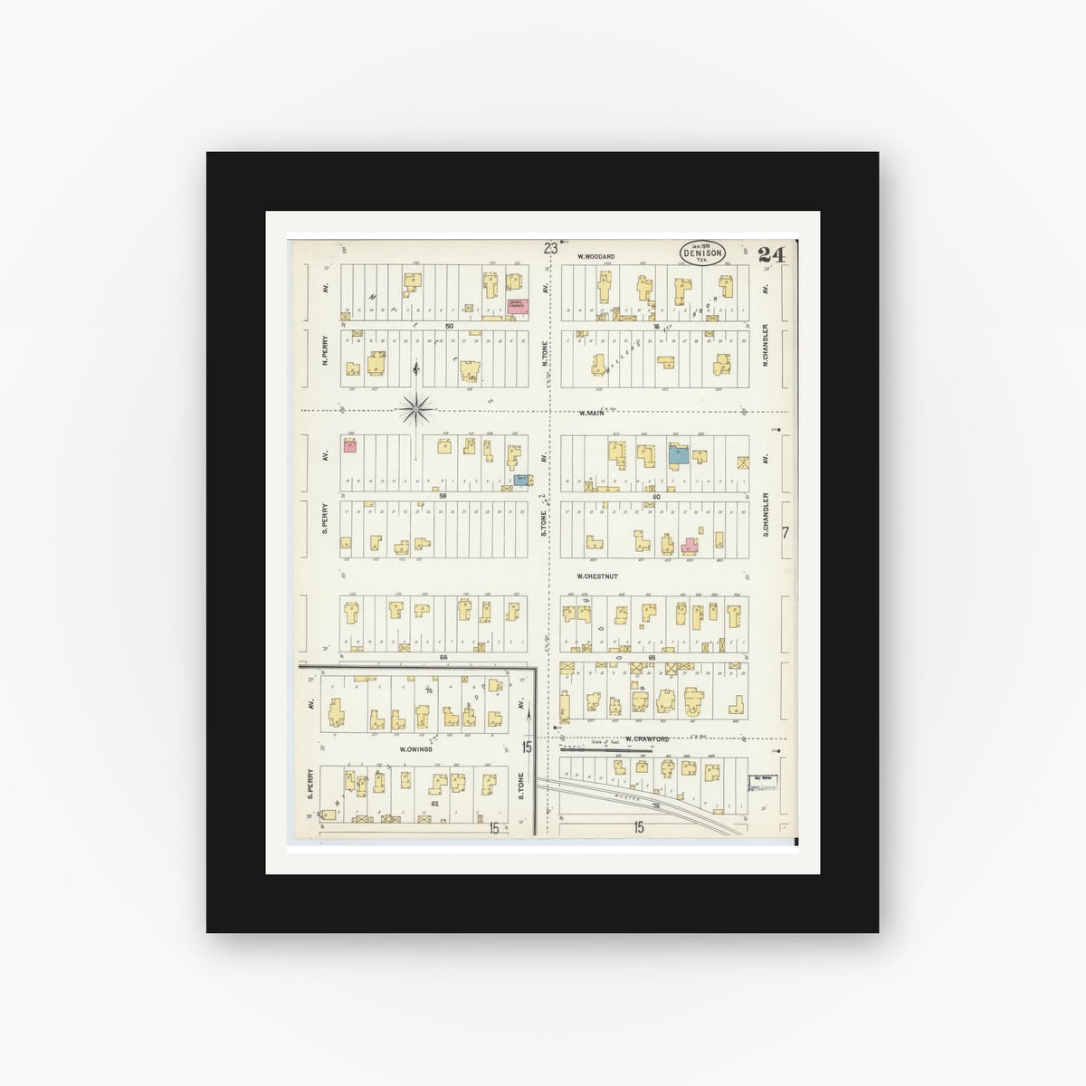 Old map wall art mockup — black gallery frame with white mat — Sanborn Fire Insurance Map from Denison, Grayson County, Texas (1903), Sheet #0024