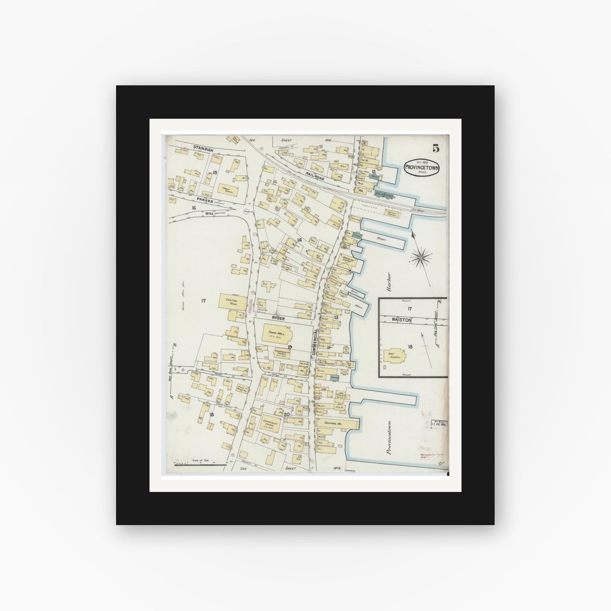 Old map wall art mockup — black gallery frame with white mat — Sanborn Fire Insurance Map from Provincetown, Barnstable County, Massachusetts (1889), Sheet #0005