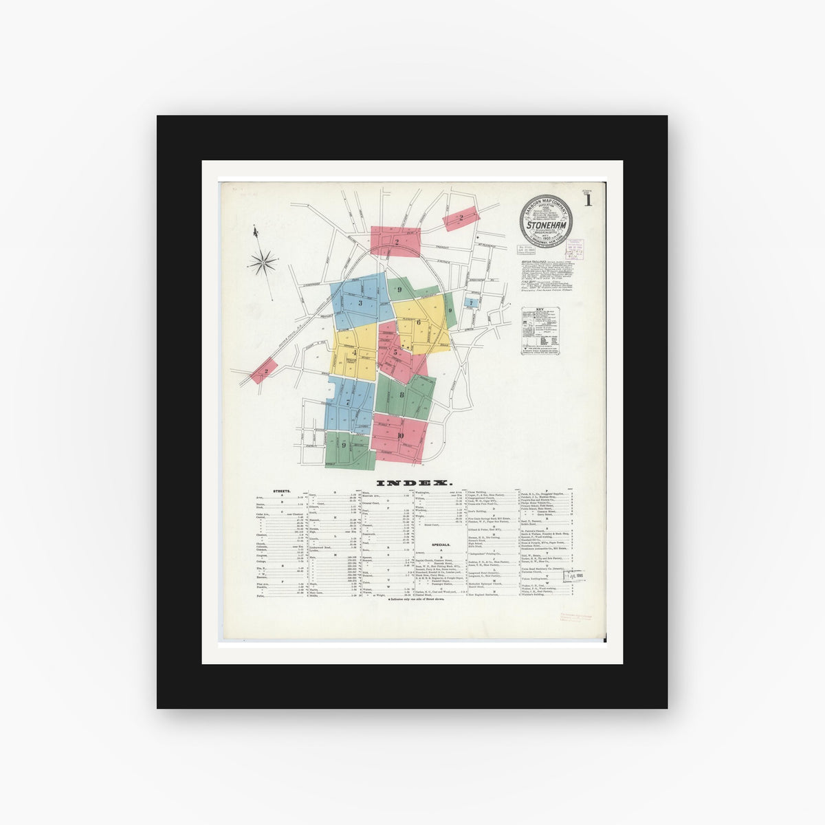 Old map wall art mockup — black gallery frame with white mat — Sanborn Fire Insurance Map from Stoneham, Middlesex County, Massachusetts (1903) - Complete Map Set