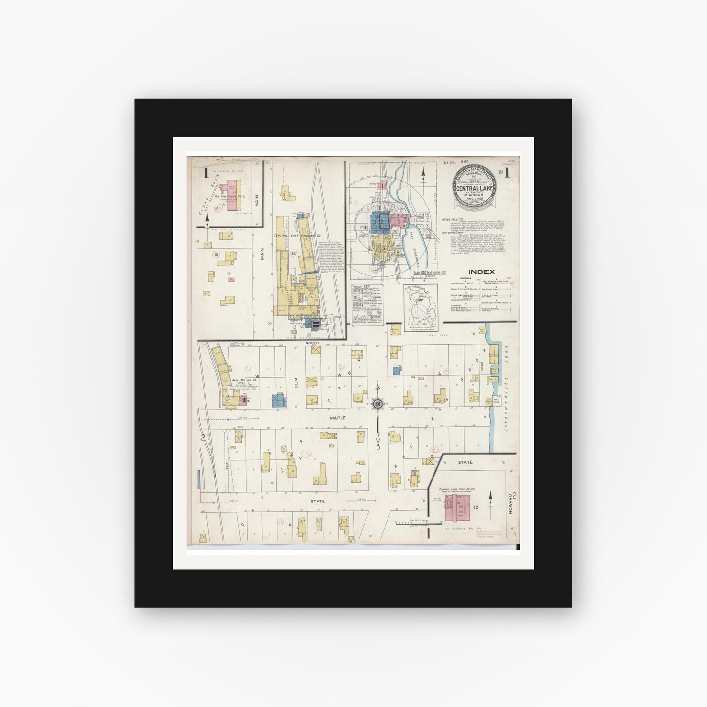 Old map wall art mockup β black gallery frame with white mat β Sanborn Fire Insurance Map from Central Lake, Antrim County, Michigan (1929) - Complete Map Set