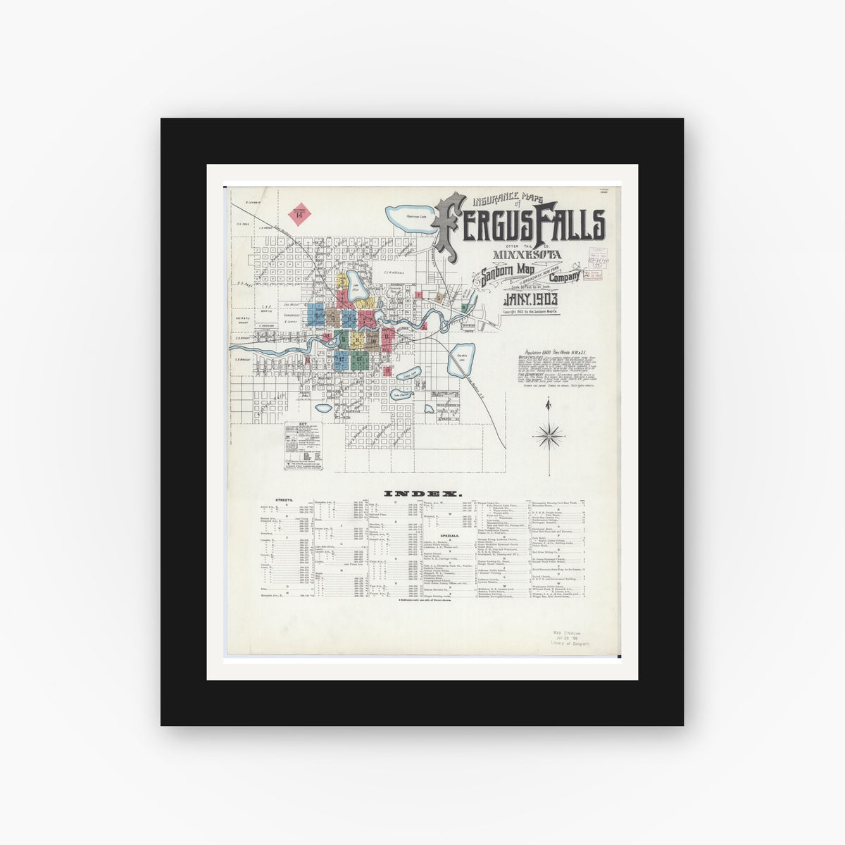 Old map wall art mockup — black gallery frame with white mat — Sanborn Fire Insurance Map from Fergus Falls, Otter Tail County, Minnesota (1903), Sheet #0001