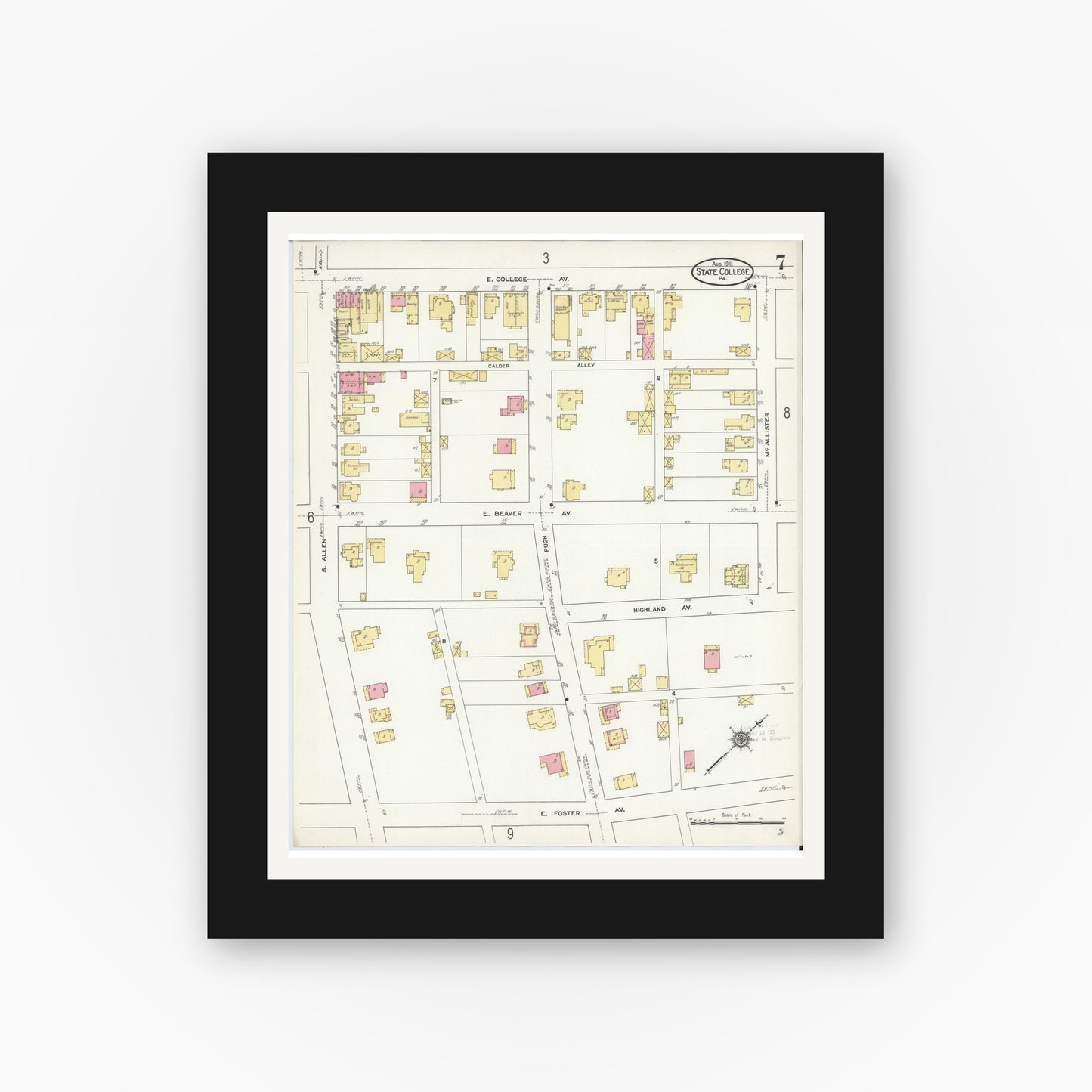 Old map wall art mockup — black gallery frame with white mat — Sanborn Fire Insurance Map from State College, Centre County, Pennsylvania (1911), Sheet #0007