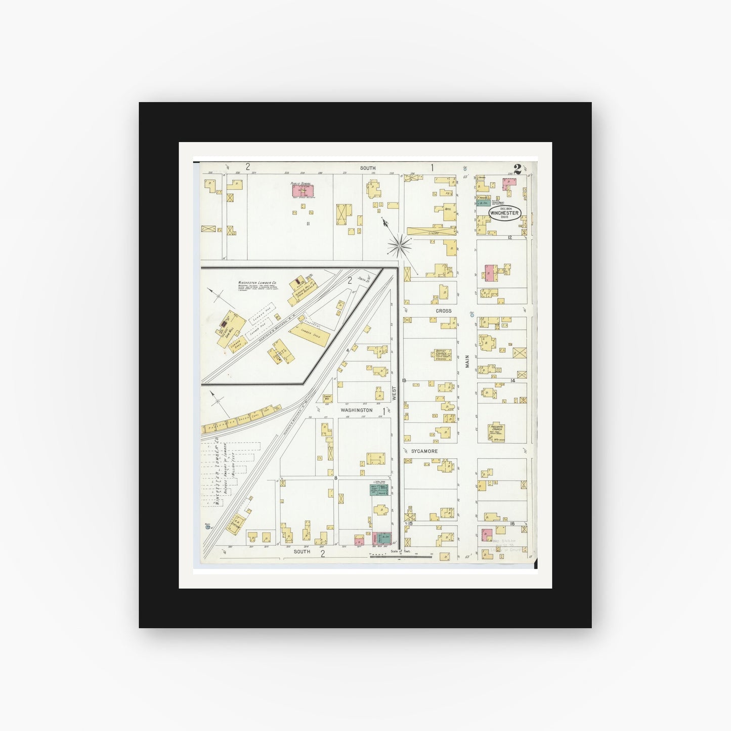 Old map wall art mockup — black gallery frame with white mat — Sanborn Fire Insurance Map from Winchester, Adams County, Ohio (1904), Sheet #0002