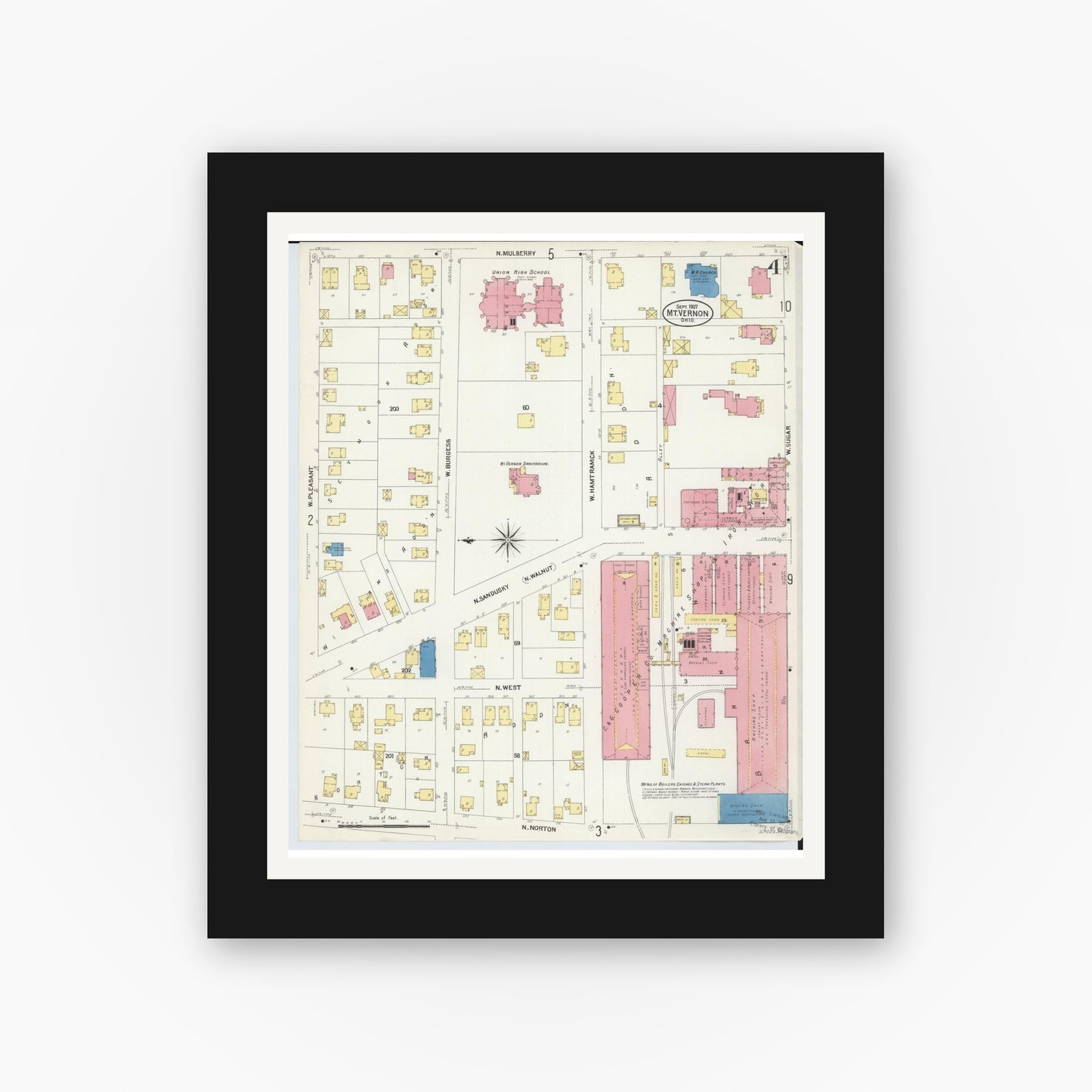Old map wall art mockup — black gallery frame with white mat — Sanborn Fire Insurance Map from Mount Vernon, Knox County, Ohio (1907), Sheet #0004