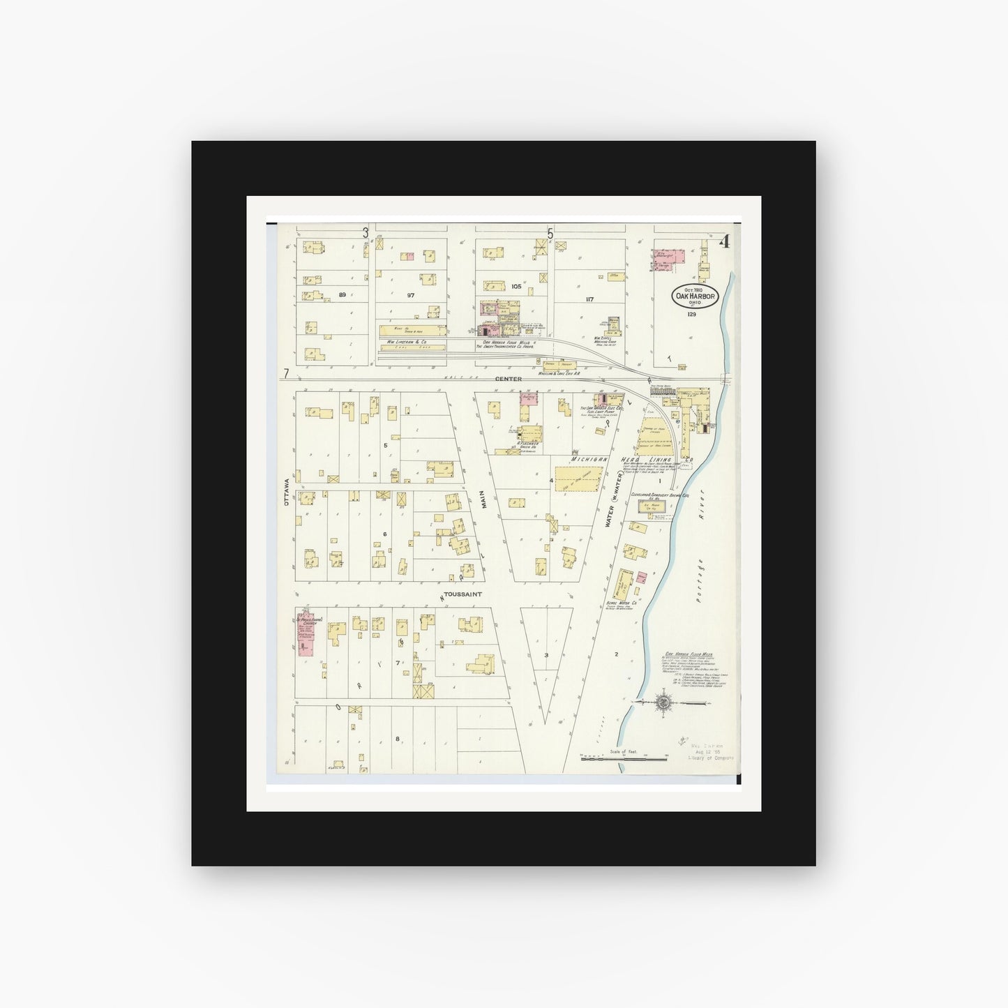 Old map wall art mockup — black gallery frame with white mat — Sanborn Fire Insurance Map from Oak Harbor, Ottawa County, Ohio (1910), Sheet #0004