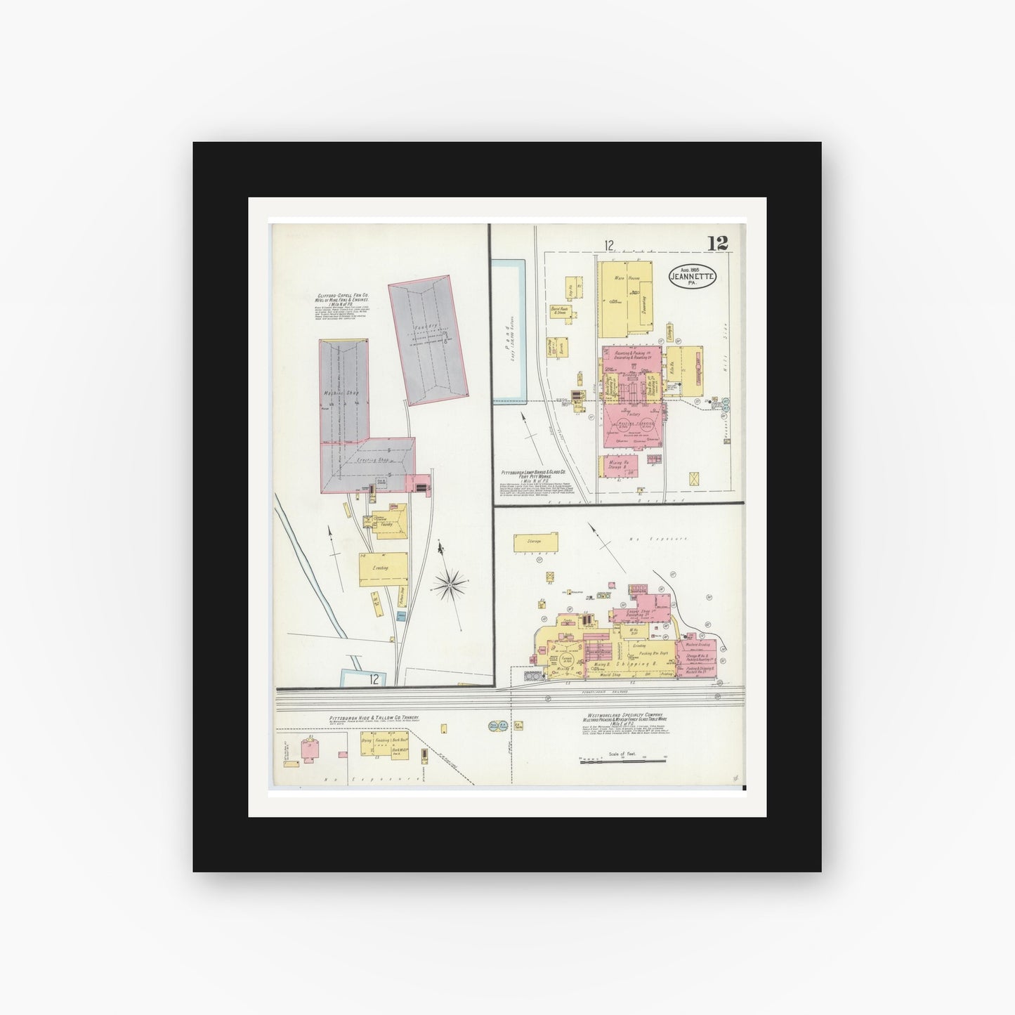 Old map wall art mockup — black gallery frame with white mat — Sanborn Fire Insurance Map from Jeannette, Westmoreland County, Pennsylvania (1905), Sheet #0012